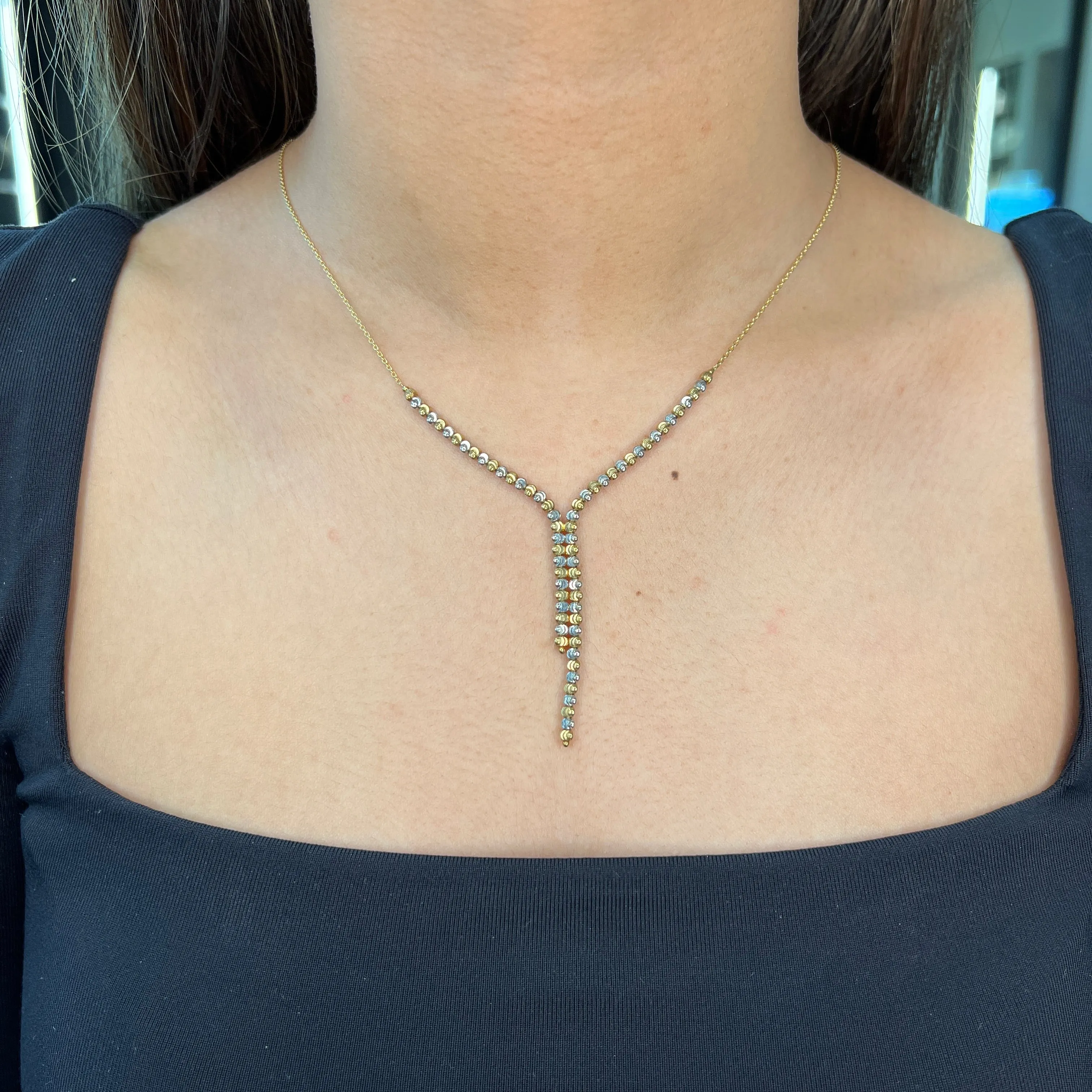 10K Yellow and White Gold Diamond Cut Beaded Necklace