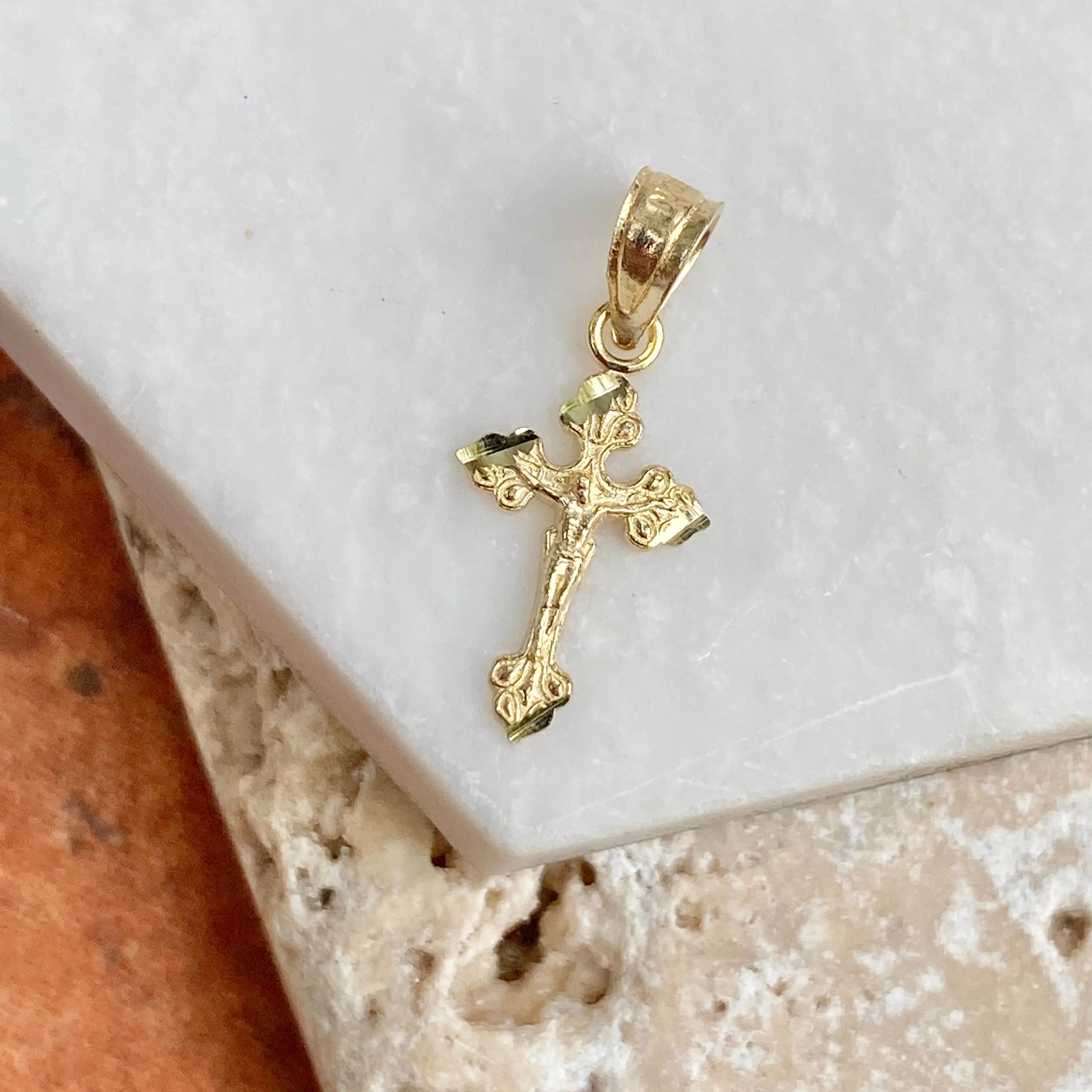 10KT Yellow Gold Detailed Mini Crucifix Cross Pendant Charm
