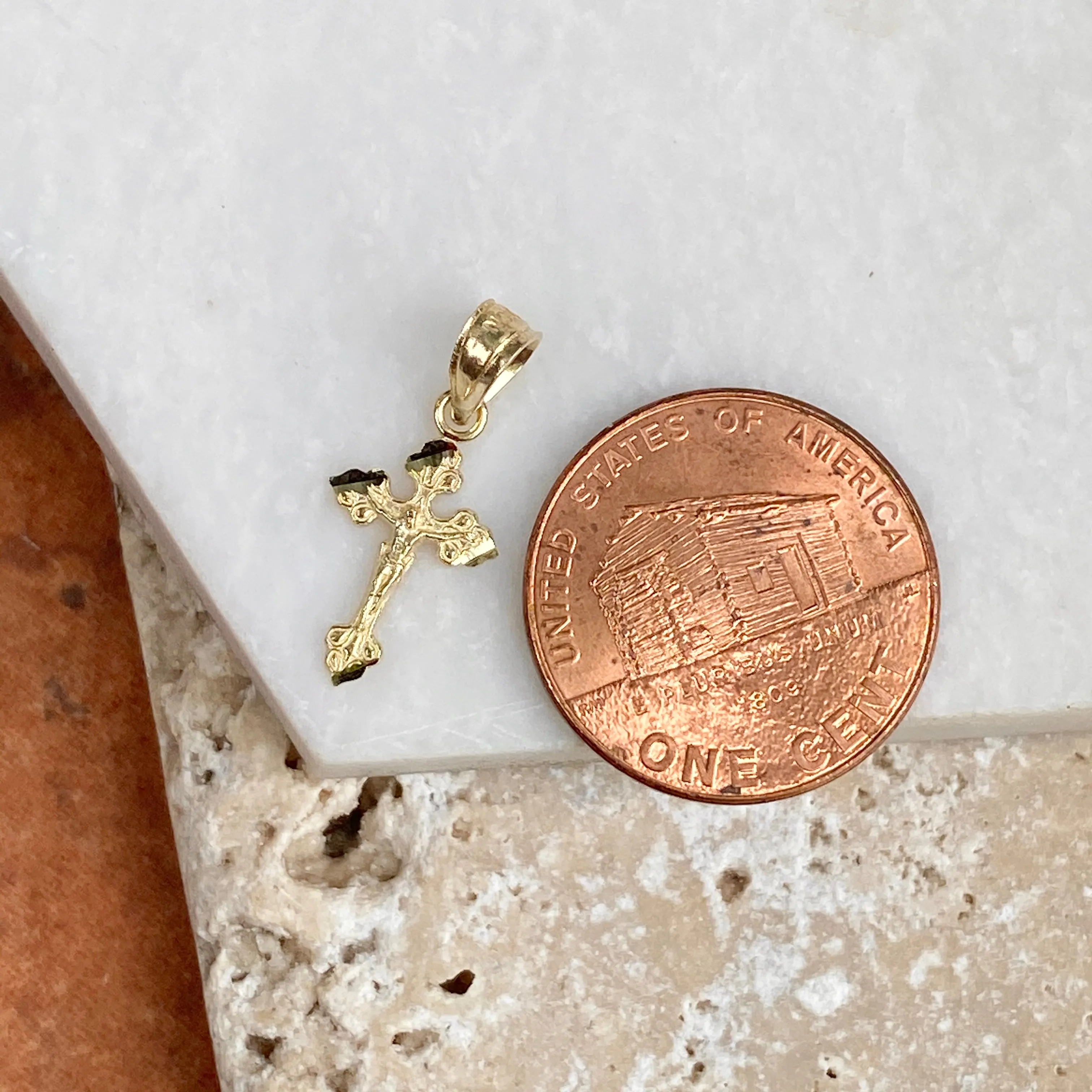 10KT Yellow Gold Detailed Mini Crucifix Cross Pendant Charm
