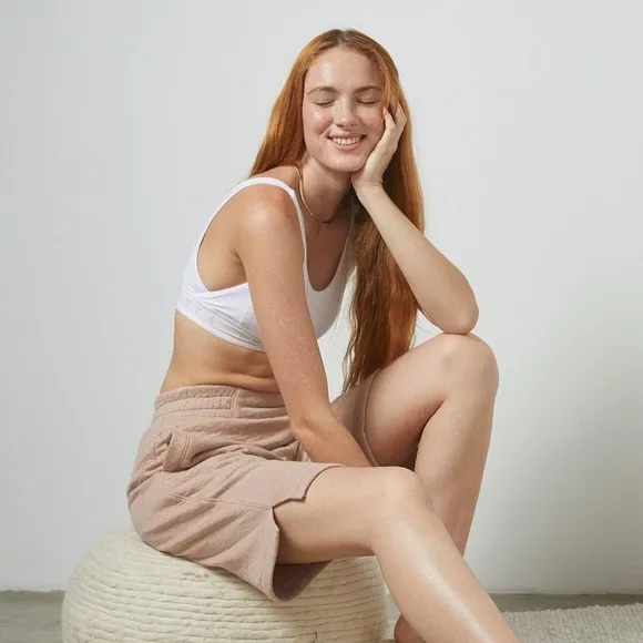 $118 Lunya Restore Double Faced Shorts Otium Tan Heather Brand New