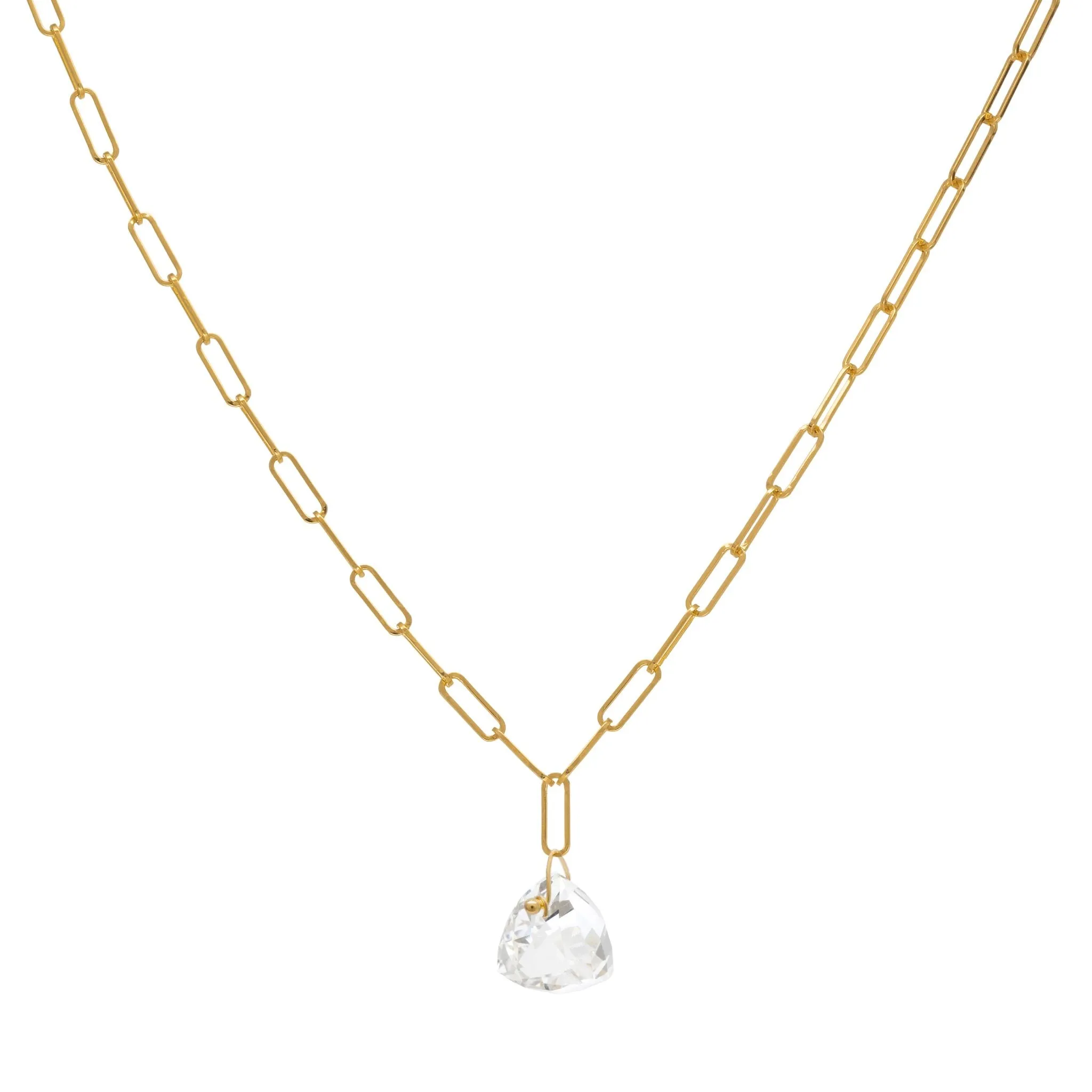 14K Gold "Luna" Paperclip Chain Necklace with Gemstone Crystal Drop