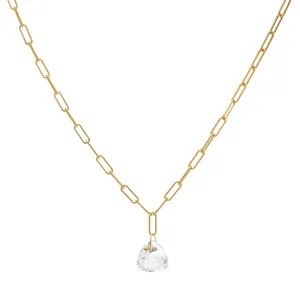 14K Gold "Luna" Paperclip Chain Necklace with Gemstone Crystal Drop