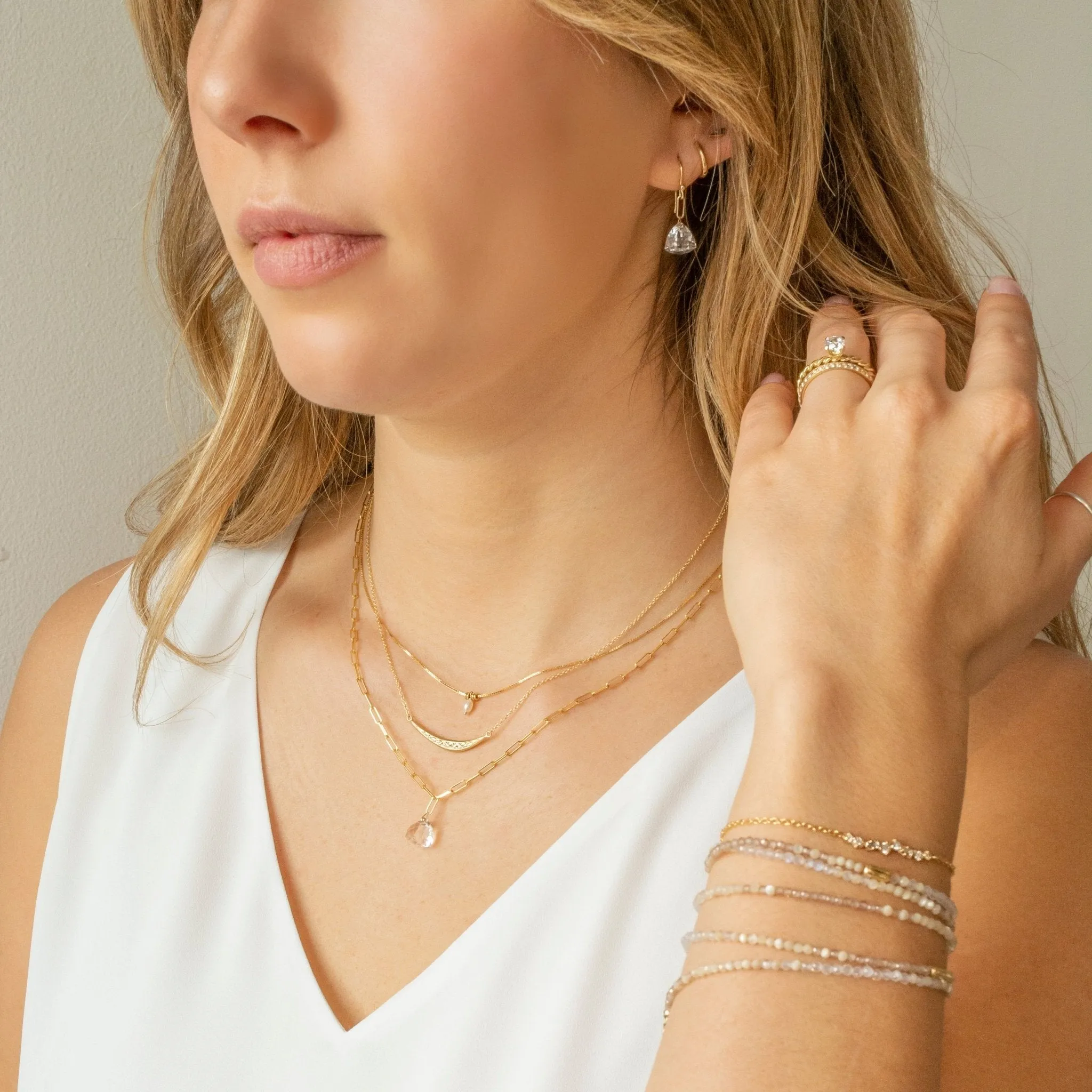 14K Gold "Luna" Paperclip Chain Necklace with Gemstone Crystal Drop