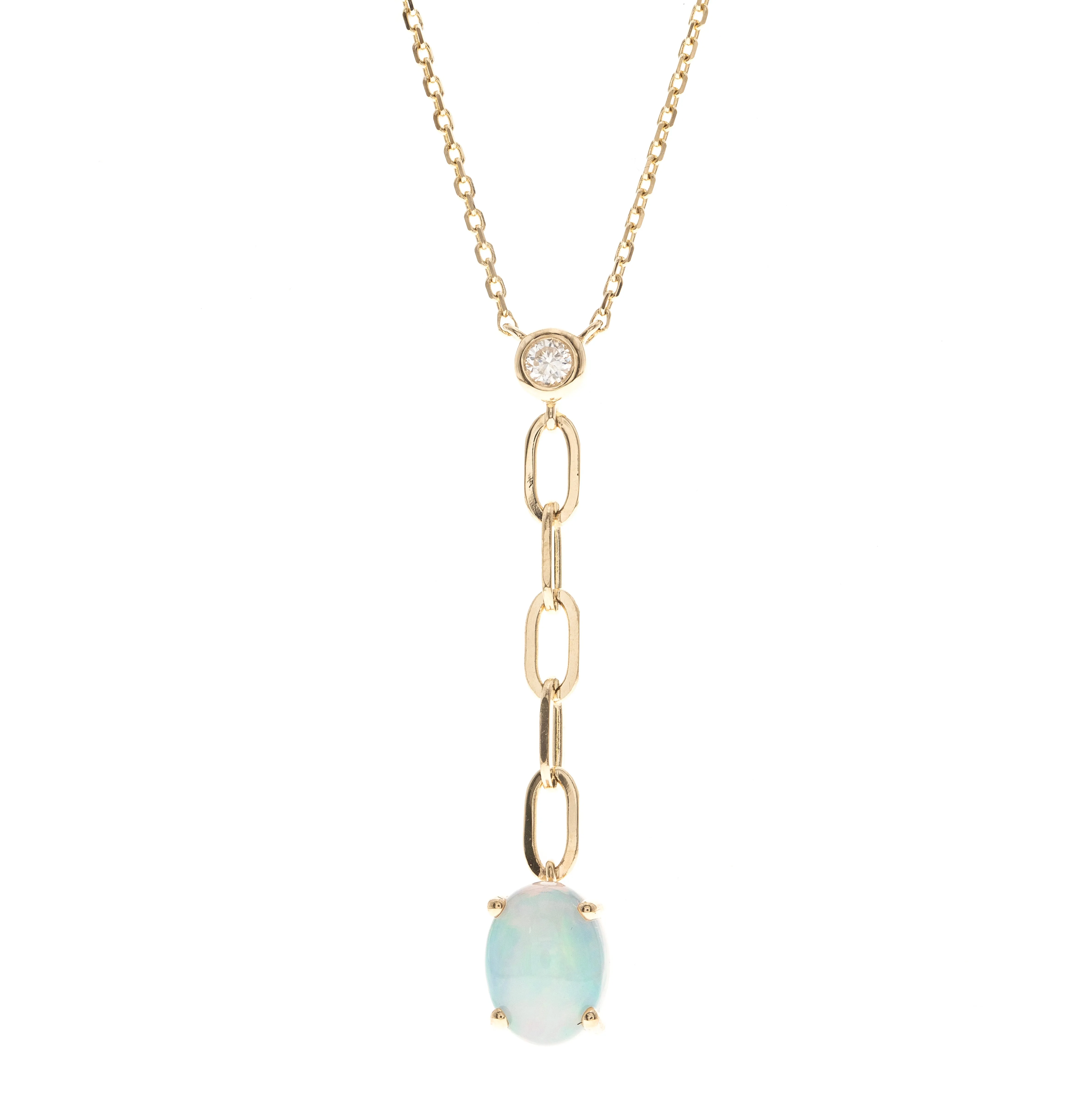 14k Yellow Gold Oval Cut Opal Paperclip Lariat Necklace