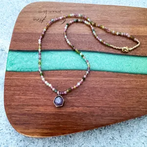 16" Watermelon Tourmaline Necklace with Sapphire Pendant