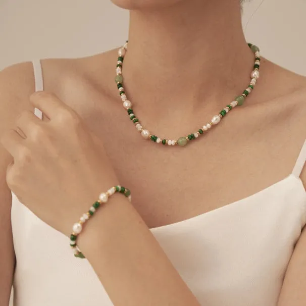 Alira Beaded Gemstone Gold Necklace - Pink Rainbow, Green Rainbow