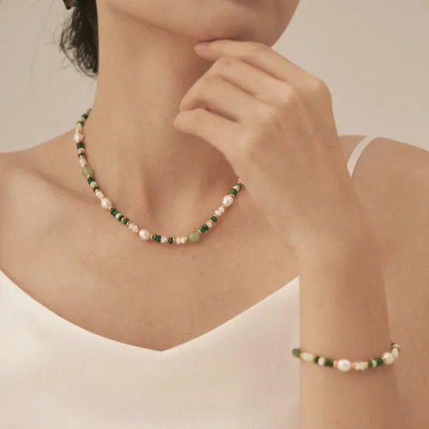 Alira Beaded Gemstone Gold Necklace - Pink Rainbow, Green Rainbow