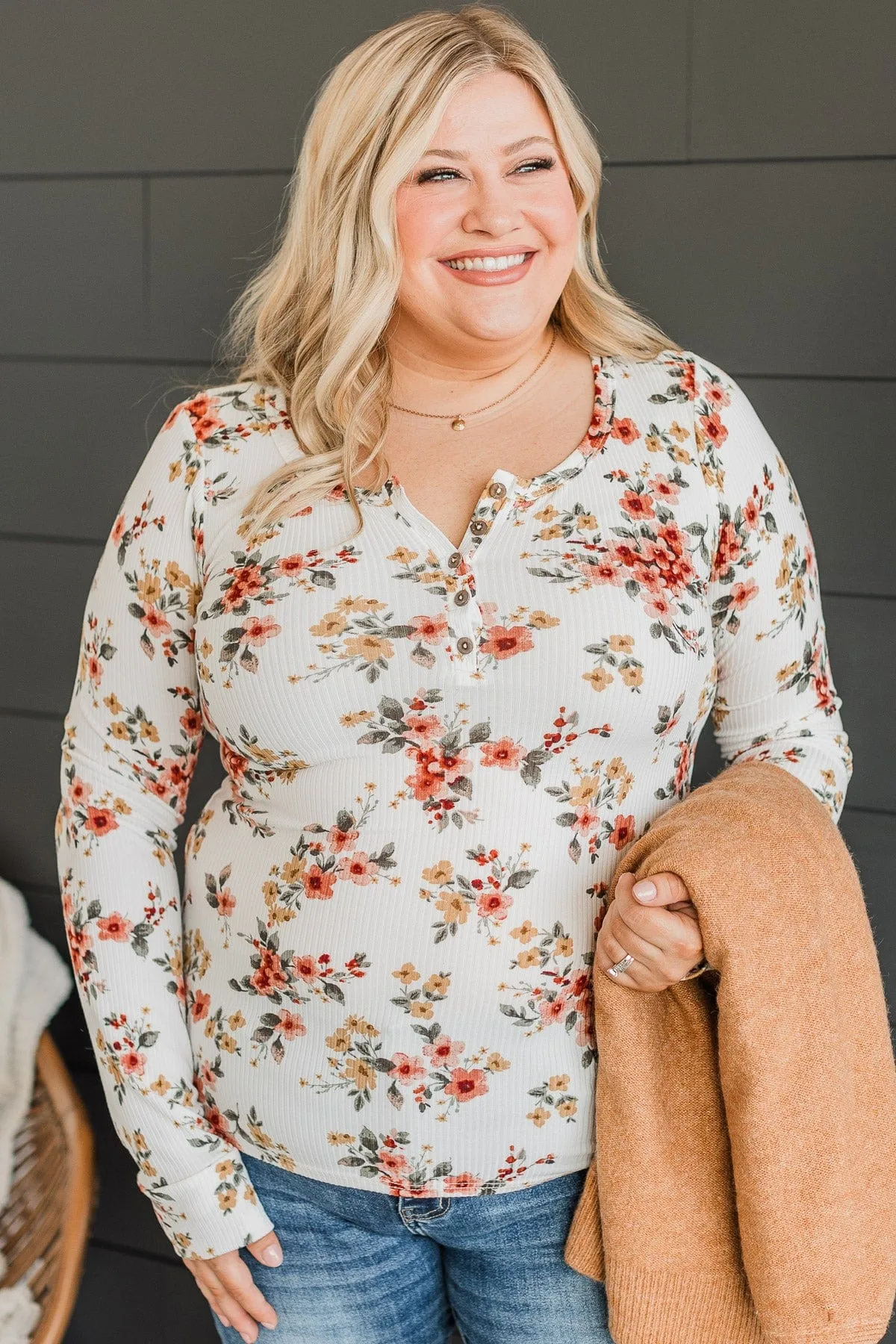 All Together Now Floral Henley Top- Ivory