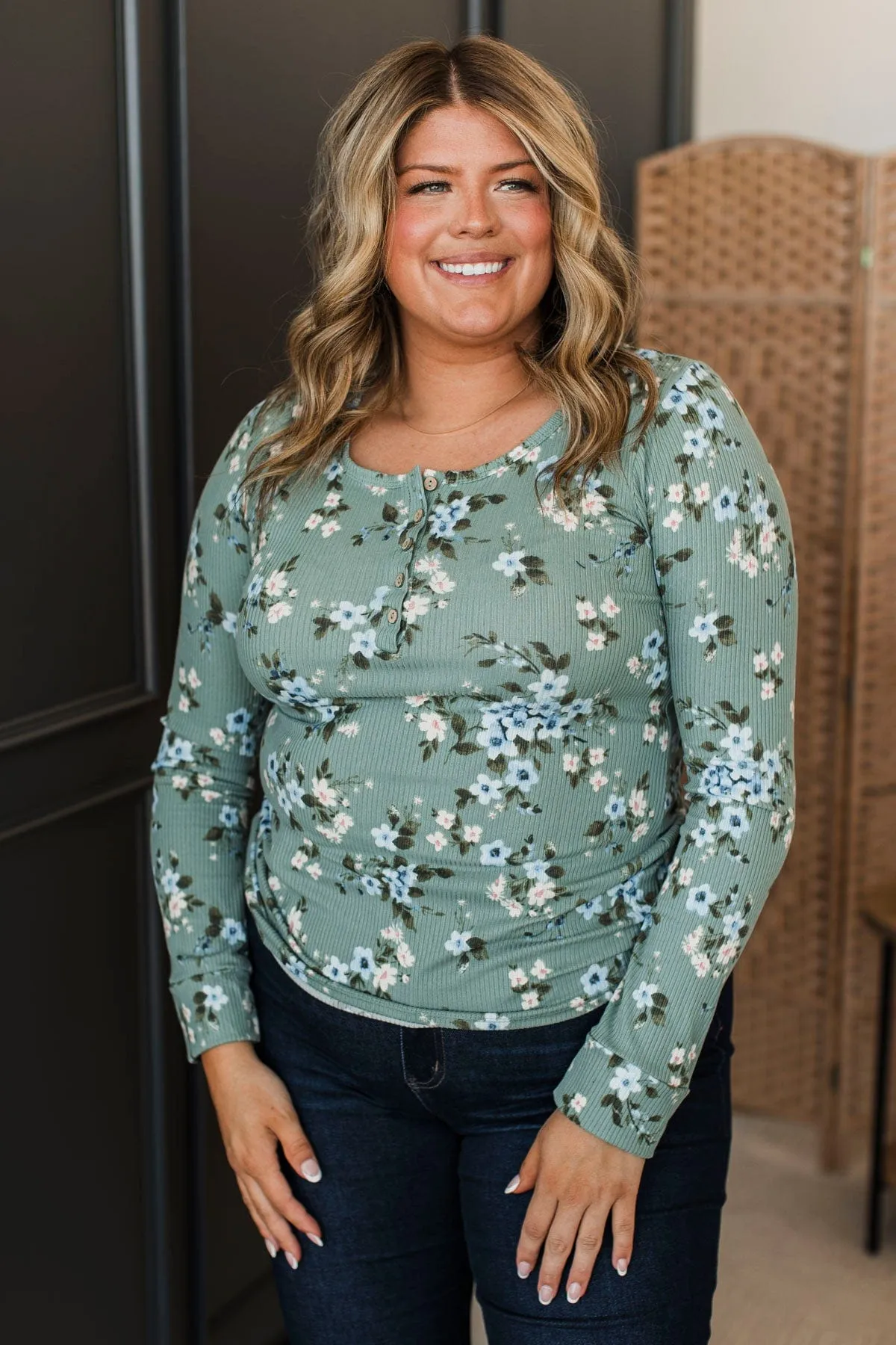 All Together Now Floral Henley Top- Sage