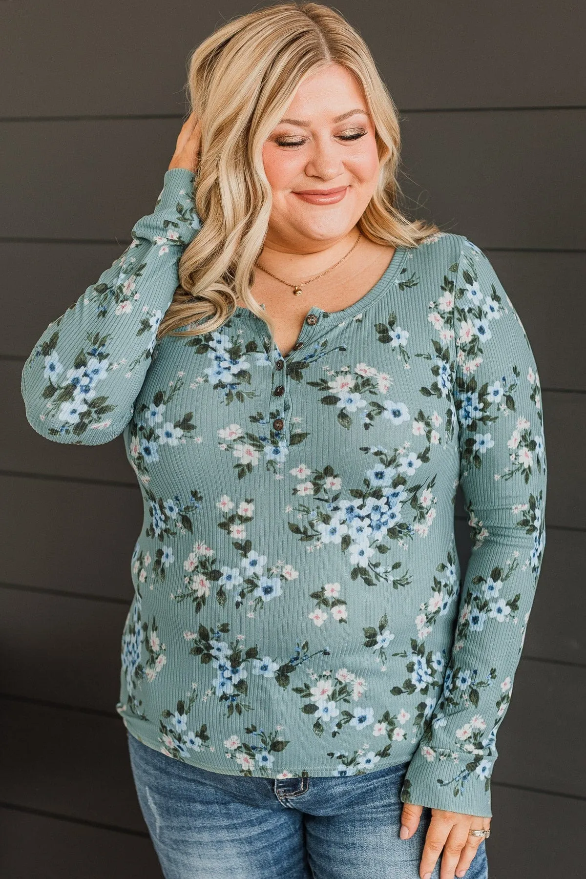 All Together Now Floral Henley Top- Sage