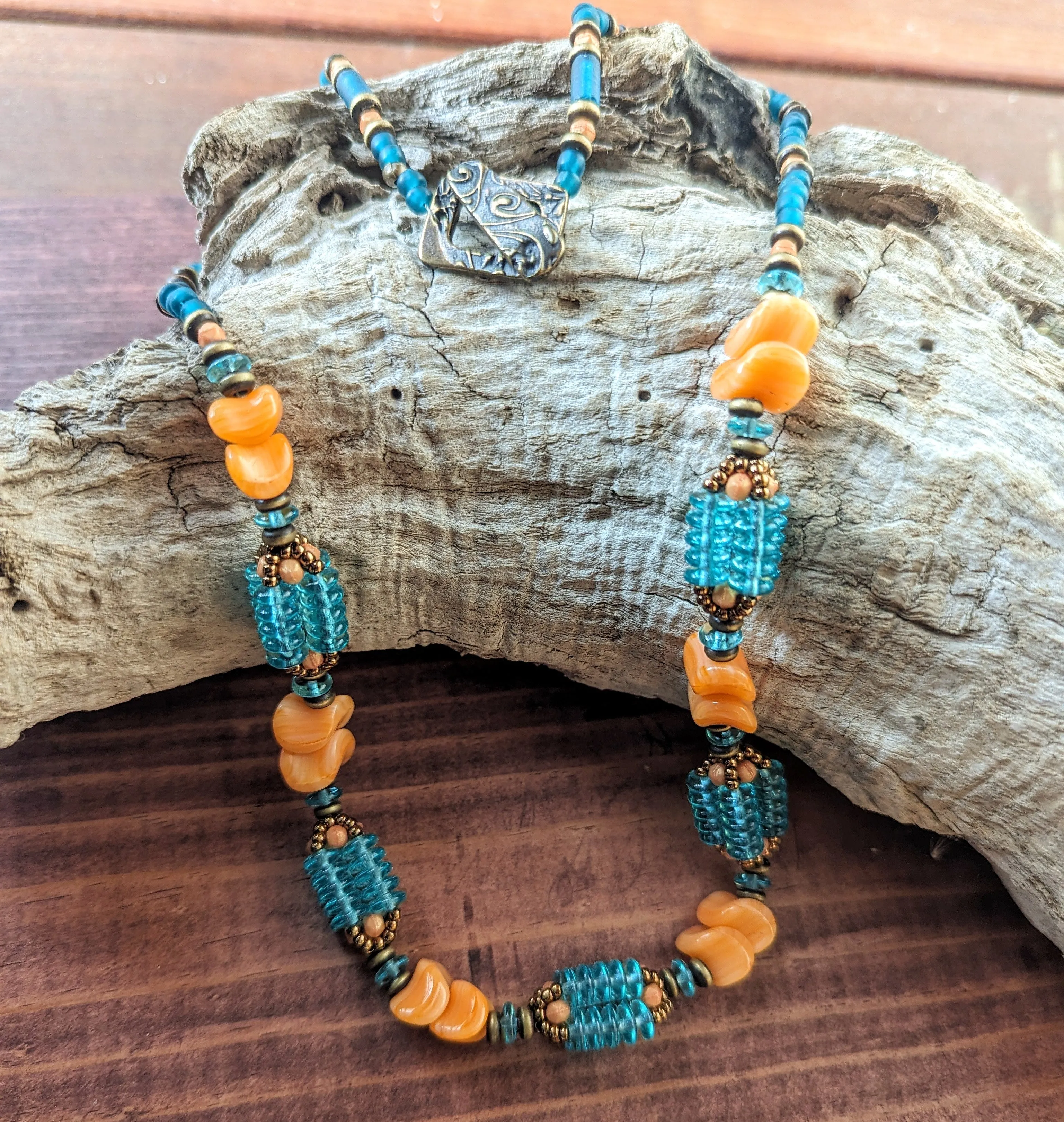 Aqua and Orange Sherbert Woven Bead Necklace