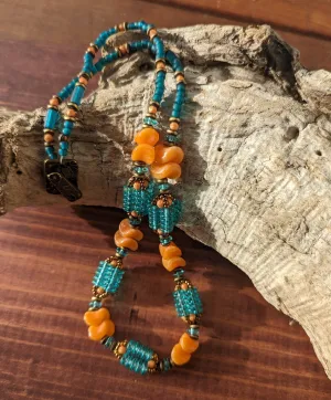 Aqua and Orange Sherbert Woven Bead Necklace