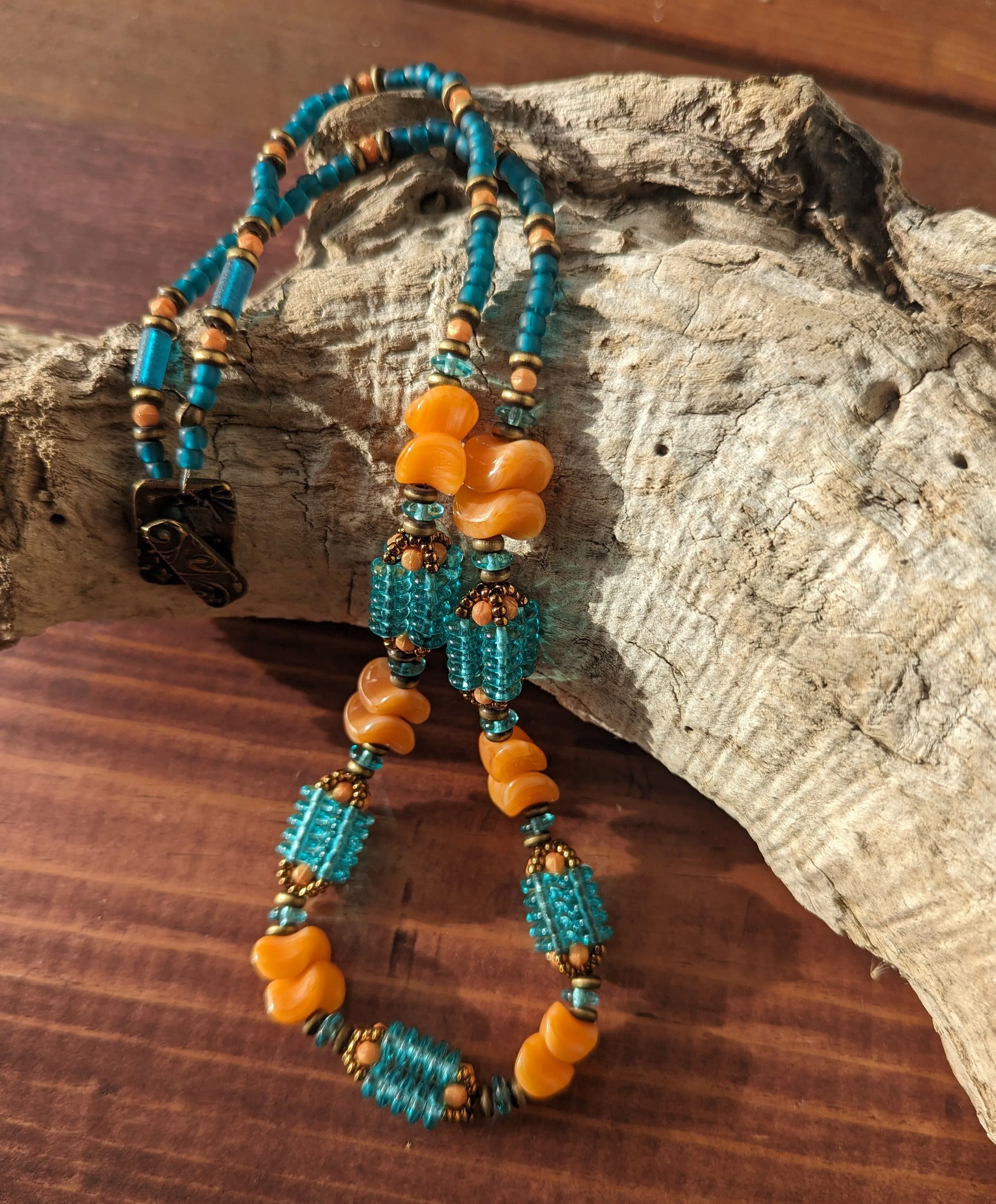 Aqua and Orange Sherbert Woven Bead Necklace