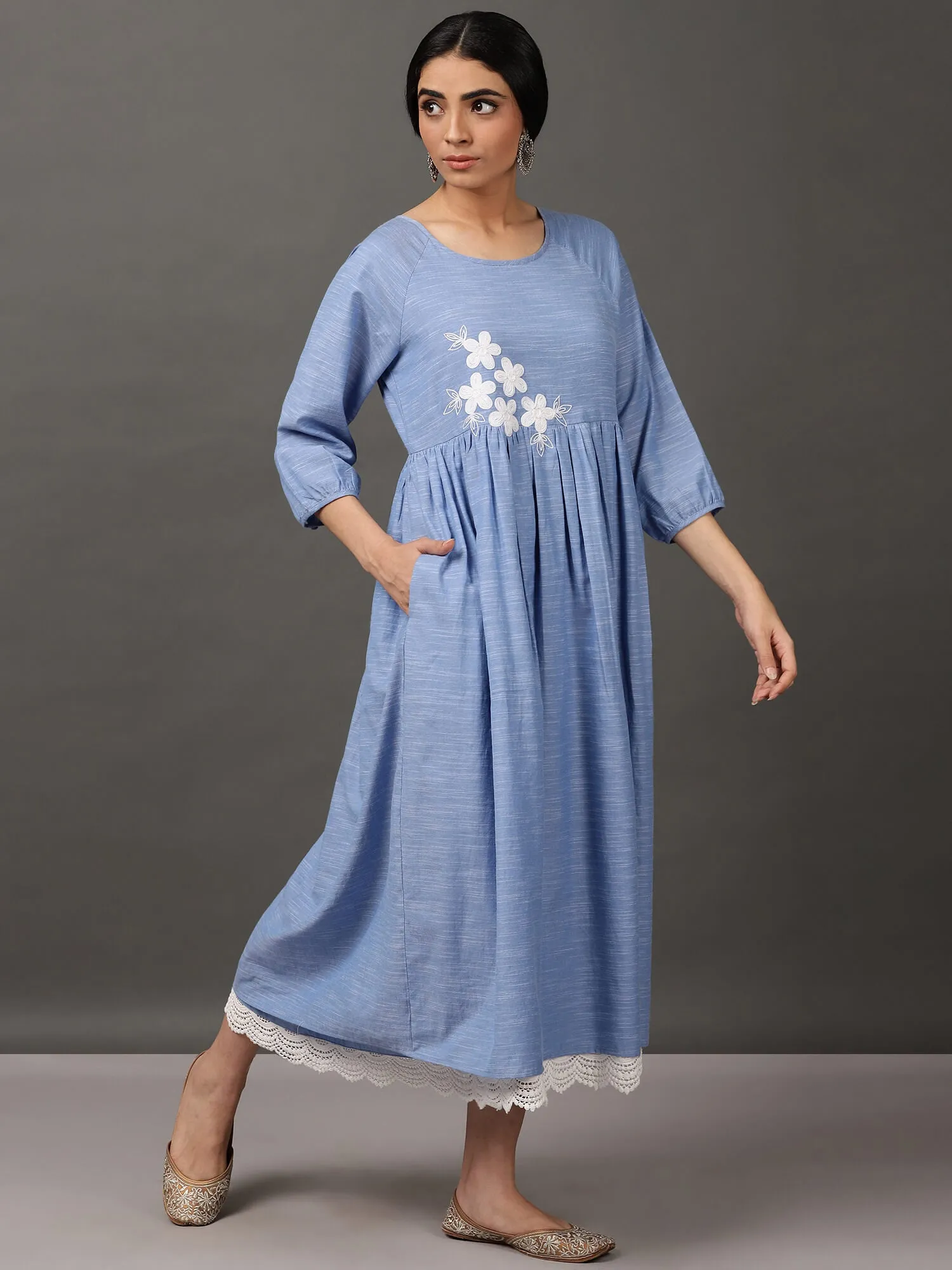 Blue Chambray cotton comfort dress with pockets and lace.