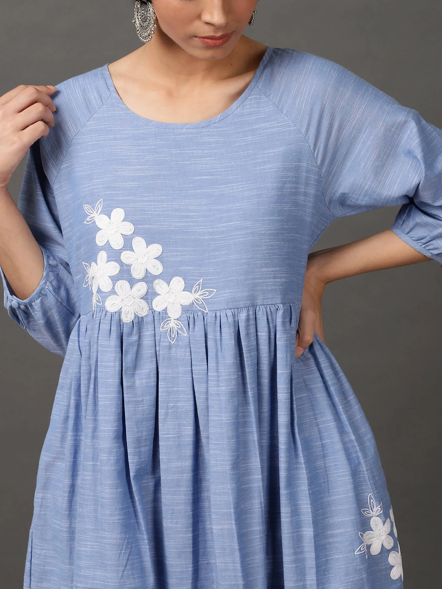 Blue Chambray cotton comfort dress with pockets and lace.