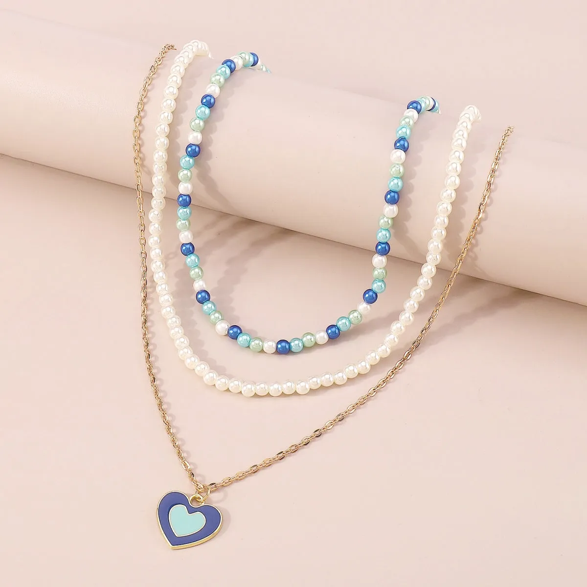 Blue Enamel & Pearl 18K Gold-Plated Heart Pendant Necklace Set