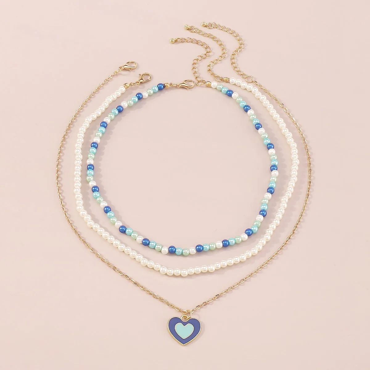 Blue Enamel & Pearl 18K Gold-Plated Heart Pendant Necklace Set