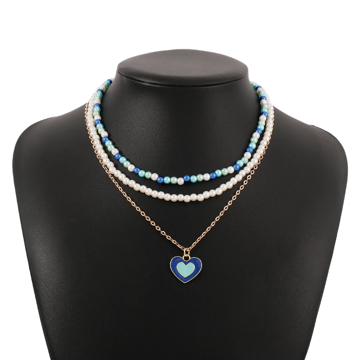 Blue Enamel & Pearl 18K Gold-Plated Heart Pendant Necklace Set