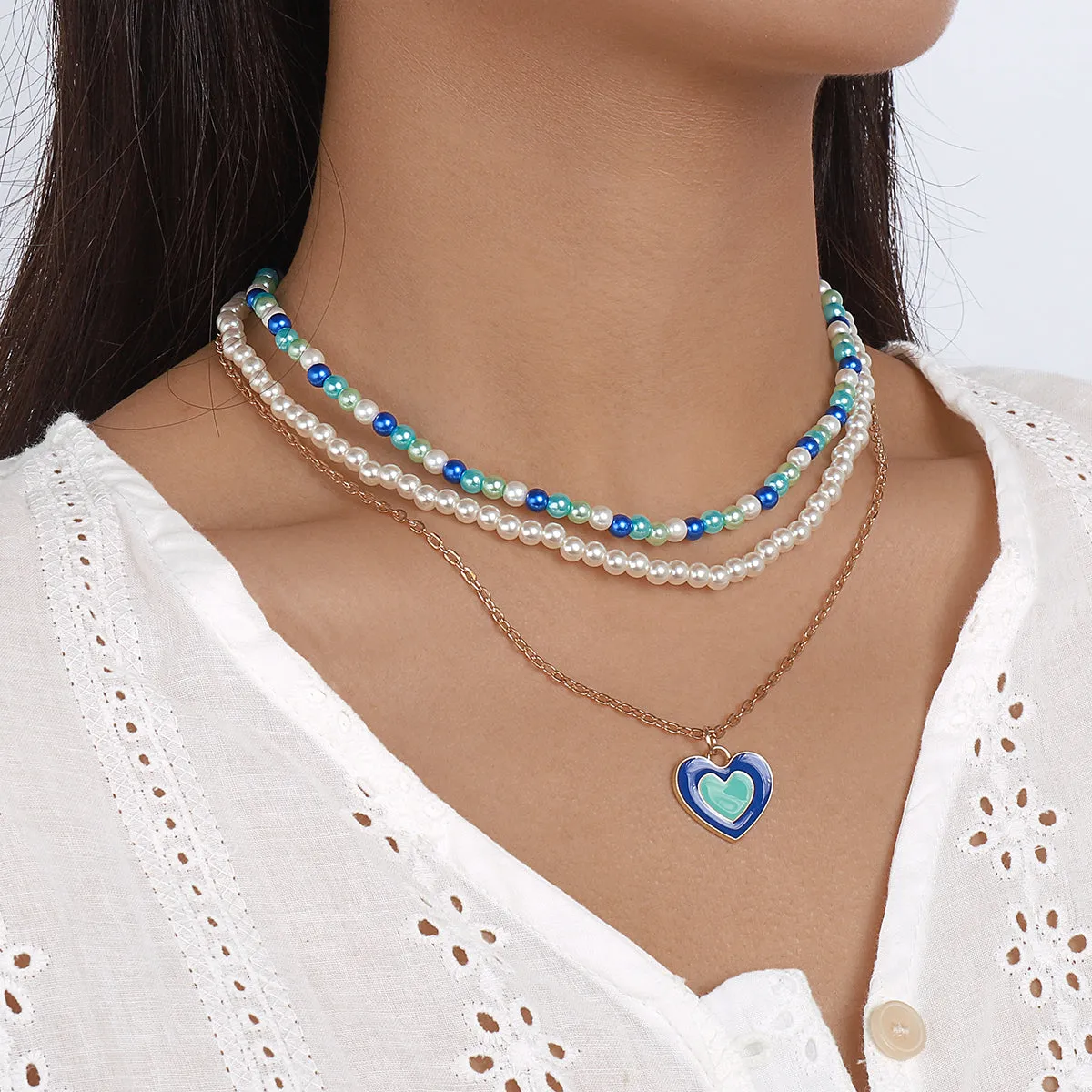 Blue Enamel & Pearl 18K Gold-Plated Heart Pendant Necklace Set