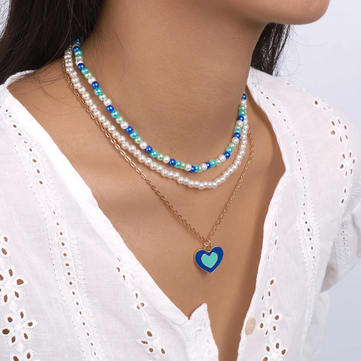 Blue Enamel & Pearl 18K Gold-Plated Heart Pendant Necklace Set