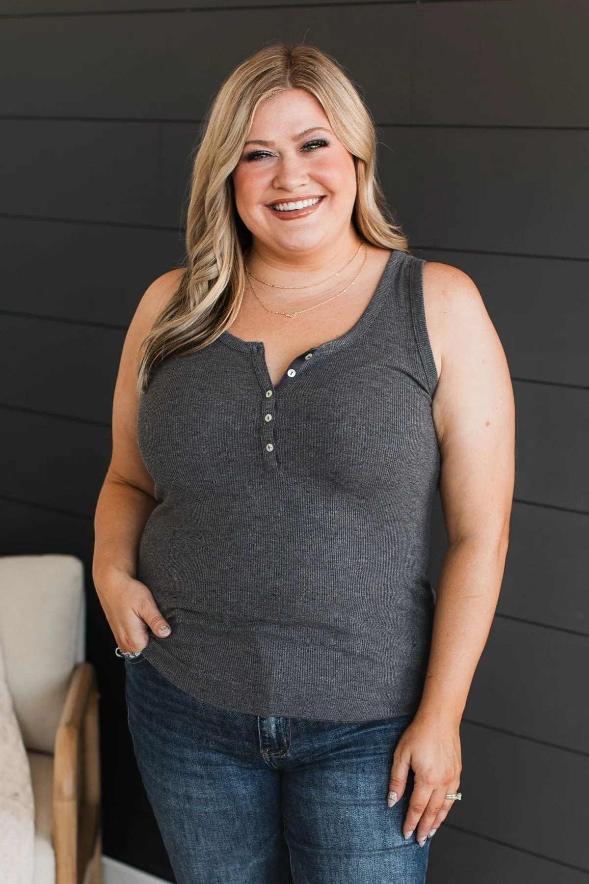 Bound To Be Beautiful Henley Tank Top- Charcoal