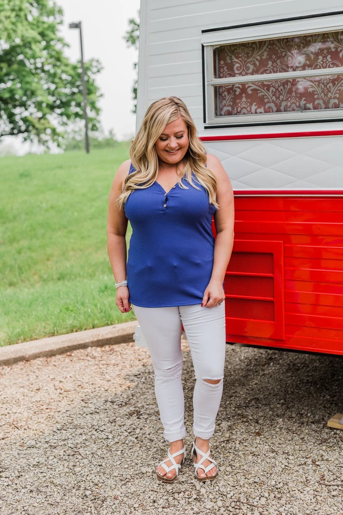 Button Henley Tank Top- Royal Blue
