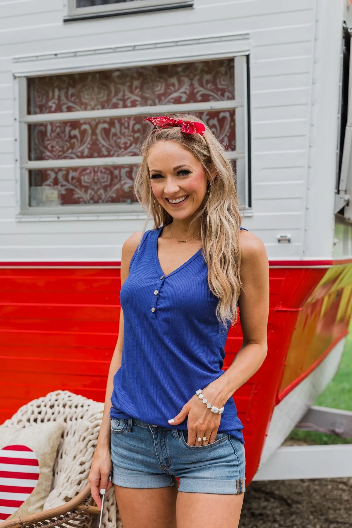 Button Henley Tank Top- Royal Blue