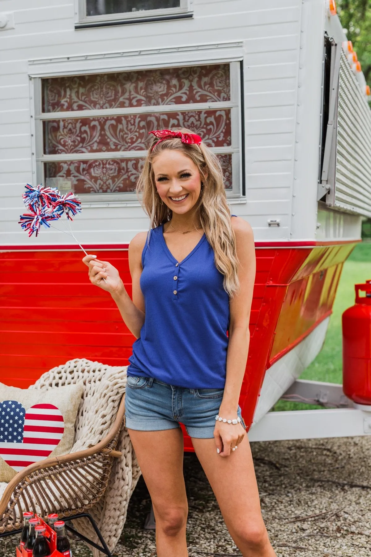 Button Henley Tank Top- Royal Blue