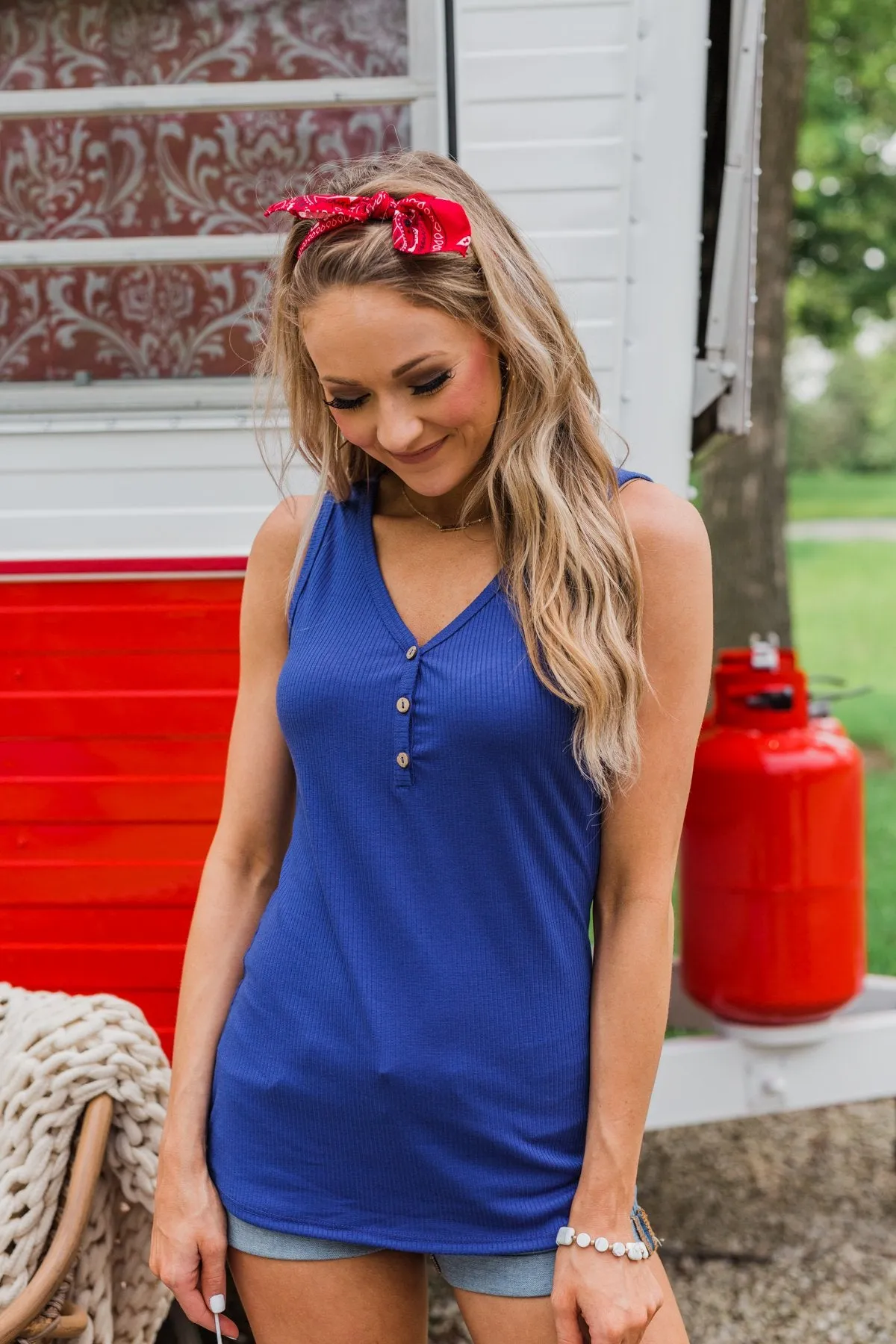 Button Henley Tank Top- Royal Blue