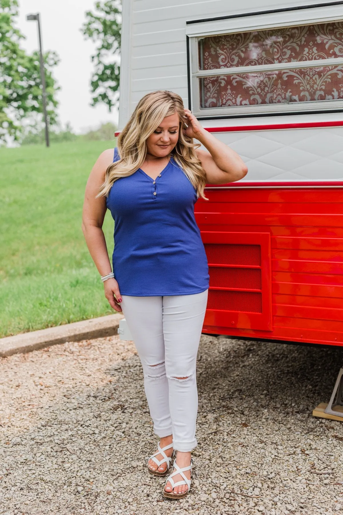 Button Henley Tank Top- Royal Blue