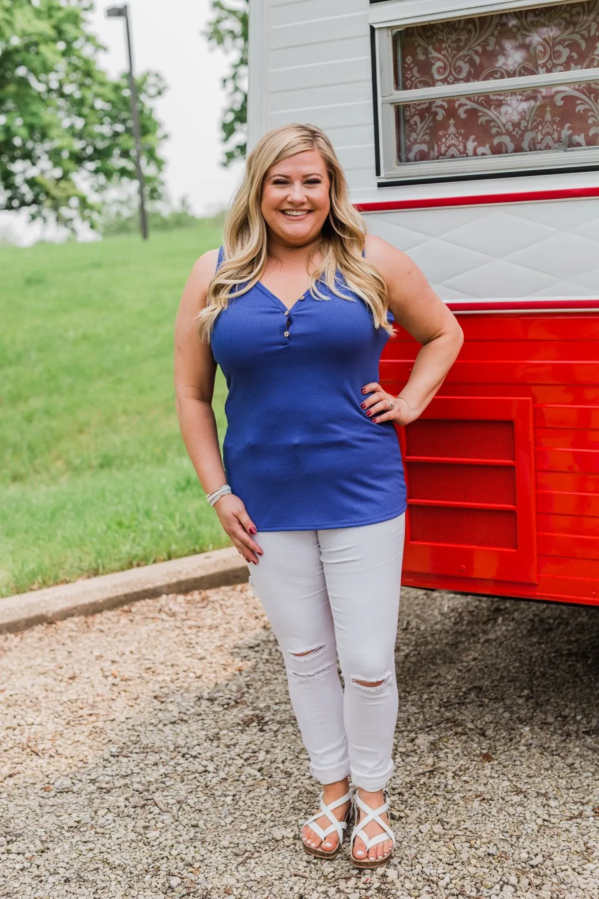 Button Henley Tank Top- Royal Blue