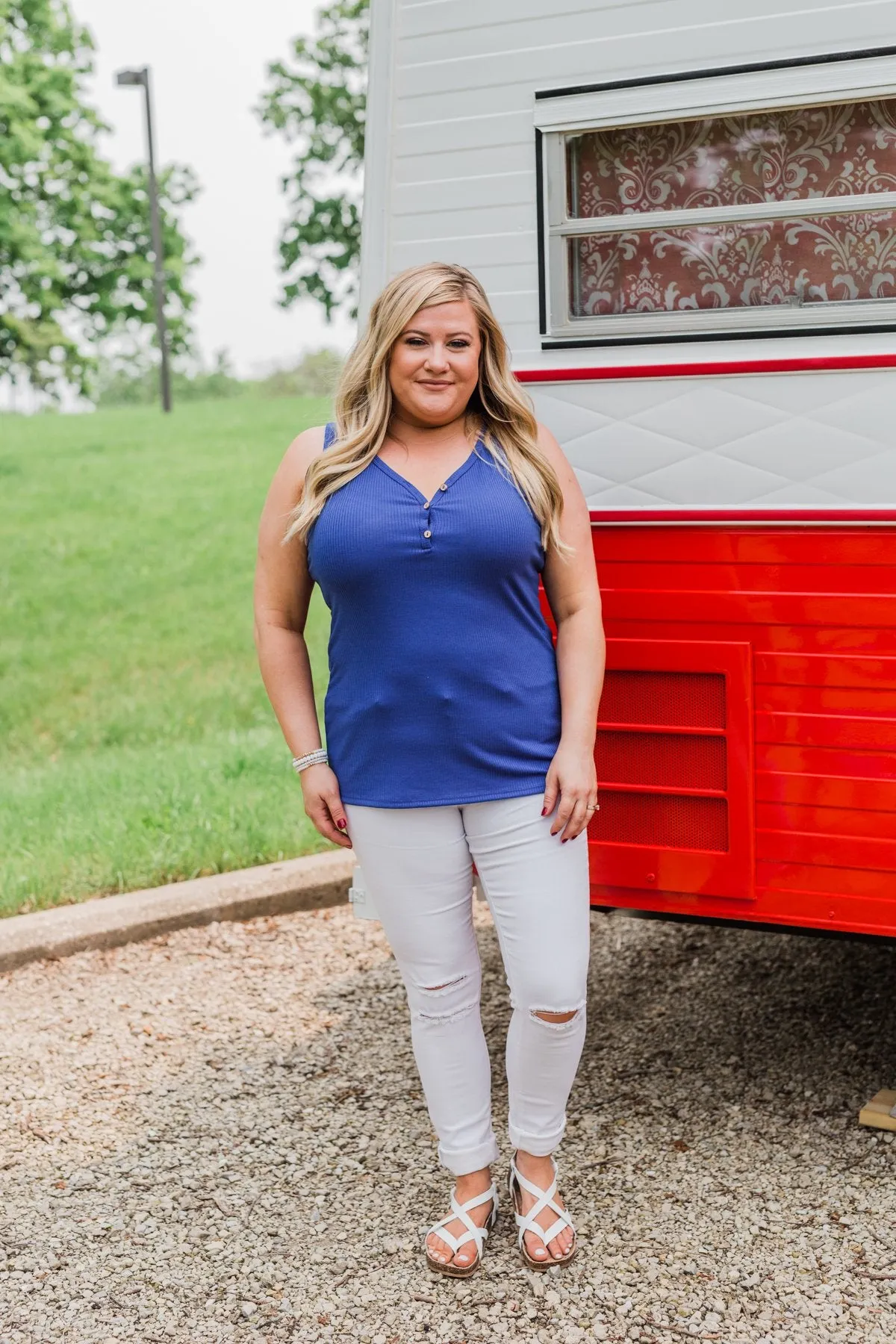 Button Henley Tank Top- Royal Blue