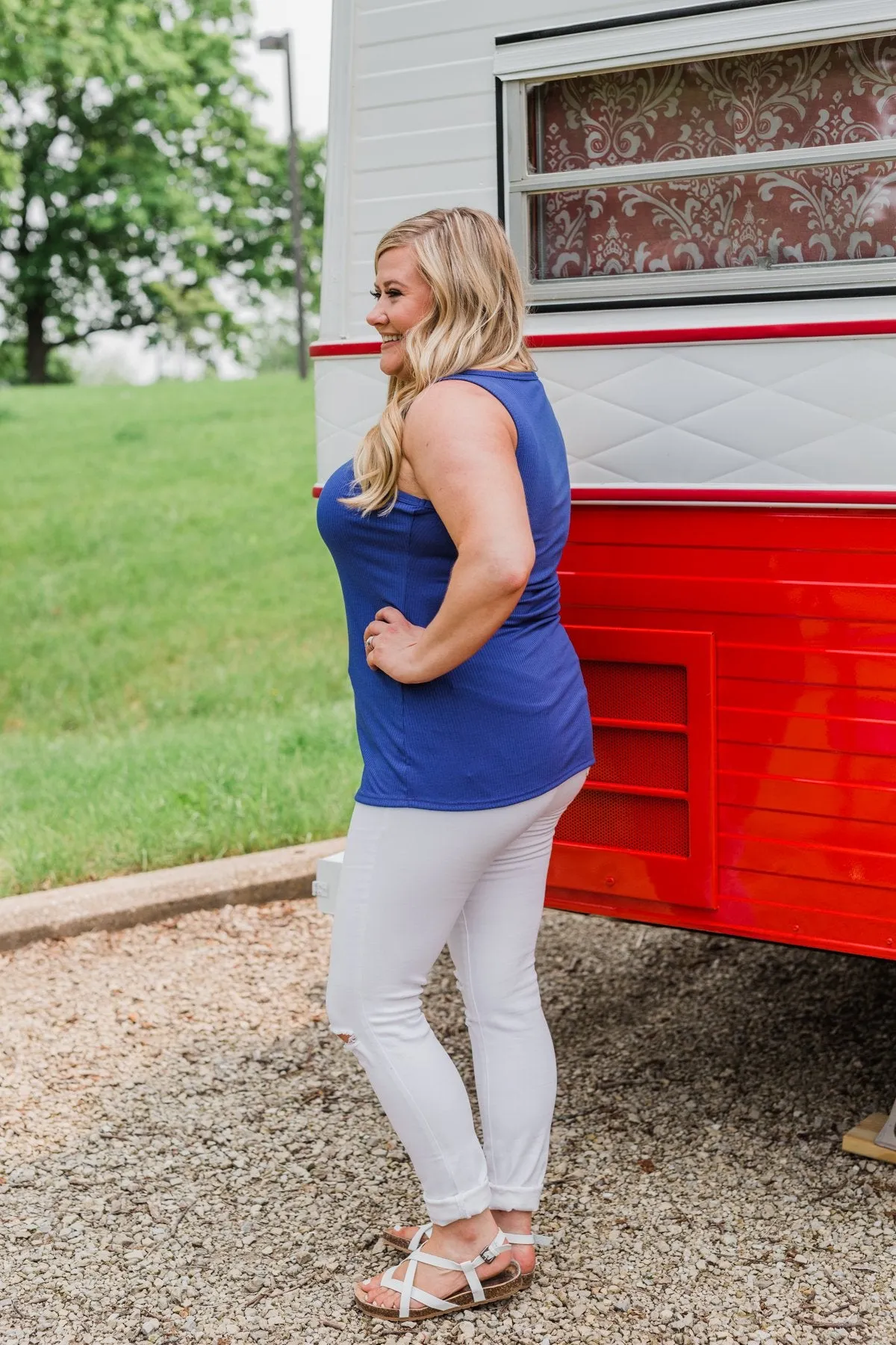 Button Henley Tank Top- Royal Blue