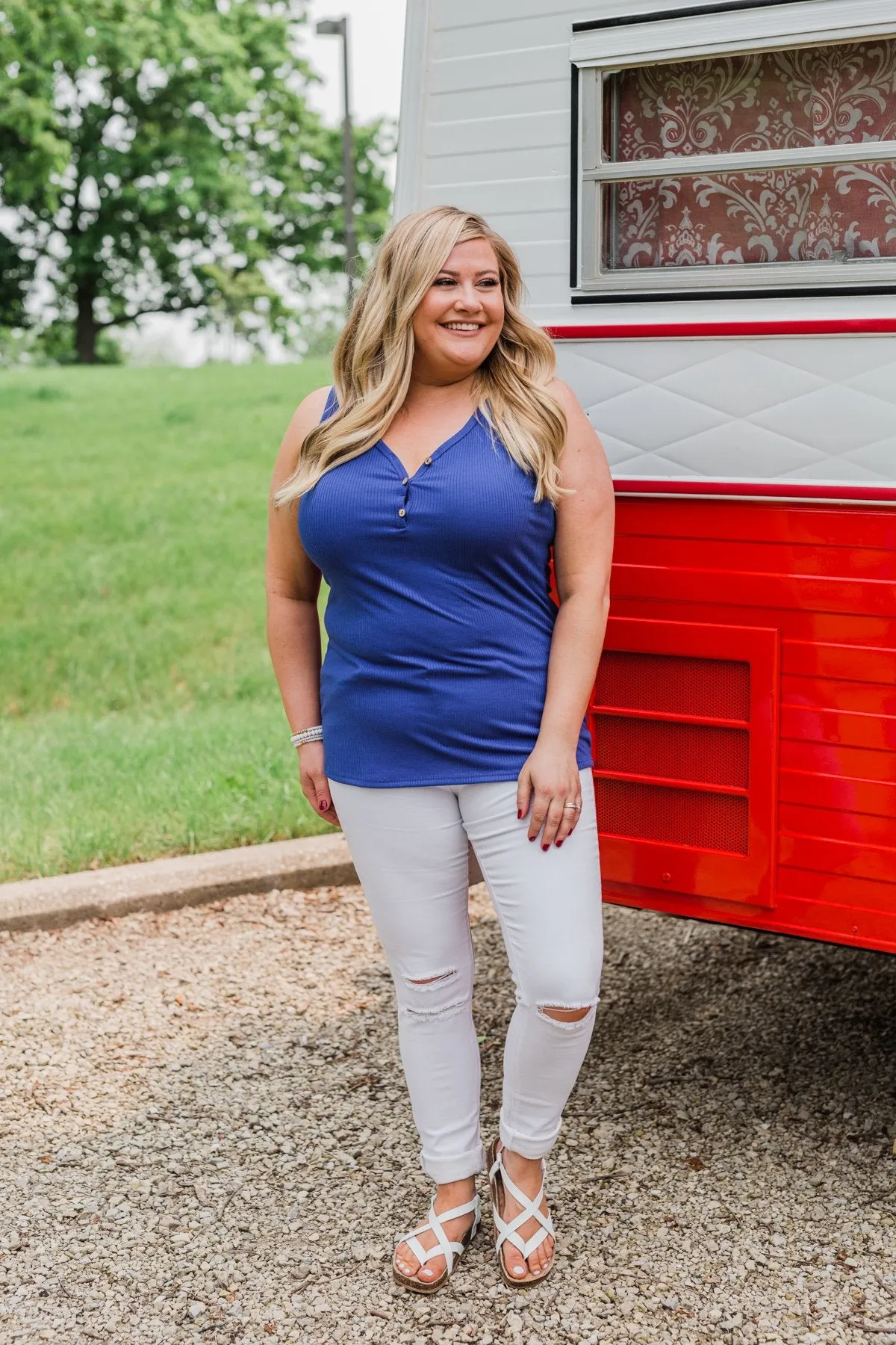 Button Henley Tank Top- Royal Blue