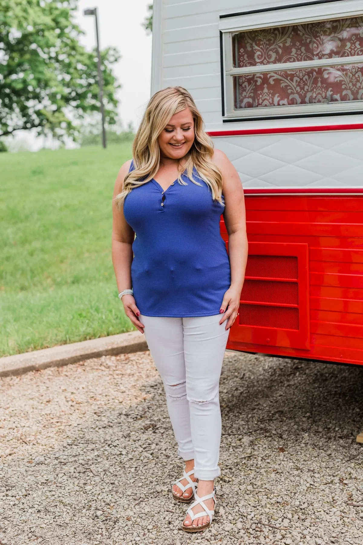 Button Henley Tank Top- Royal Blue