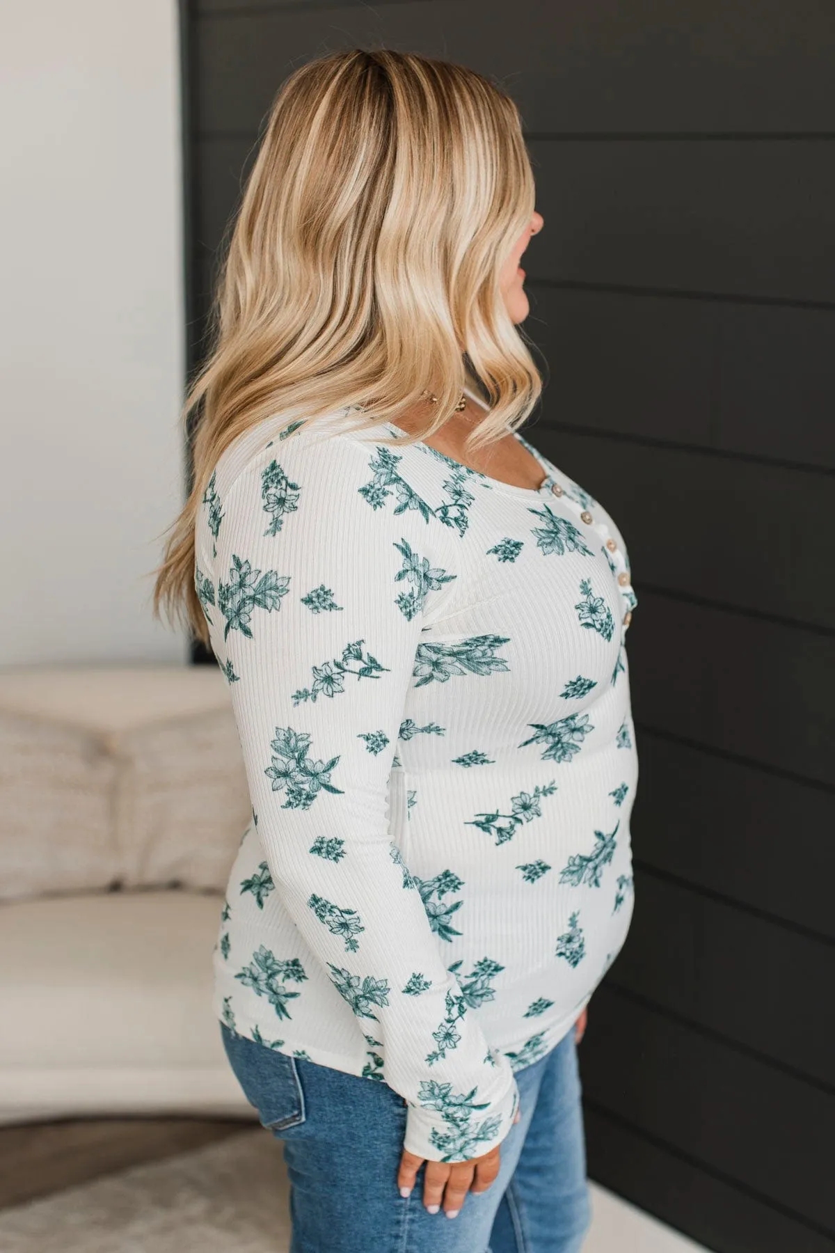 Call Me Lovely Floral Henley Top- Ivory & Hunter Green