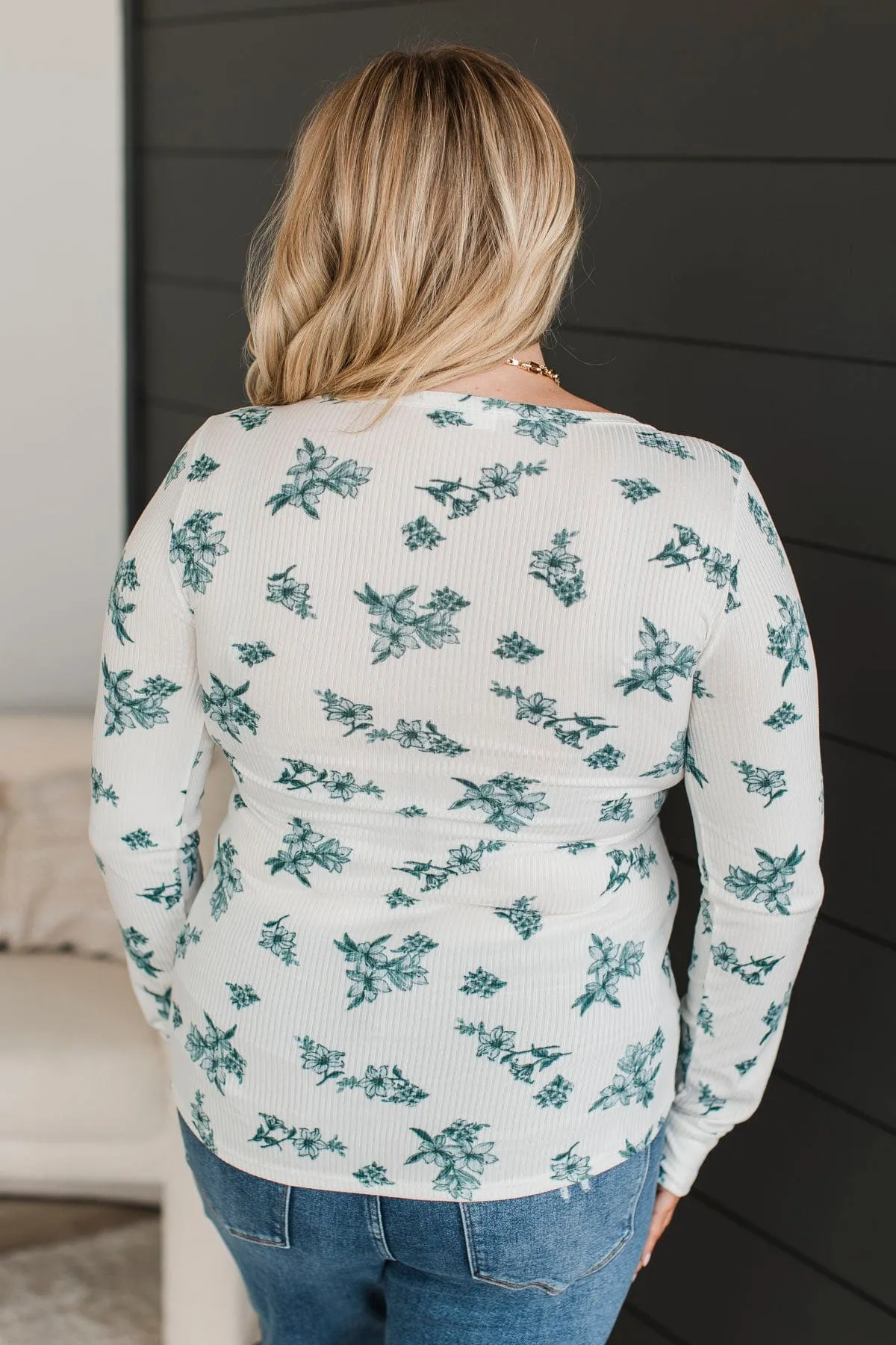 Call Me Lovely Floral Henley Top- Ivory & Hunter Green