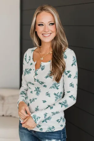 Call Me Lovely Floral Henley Top- Ivory & Hunter Green