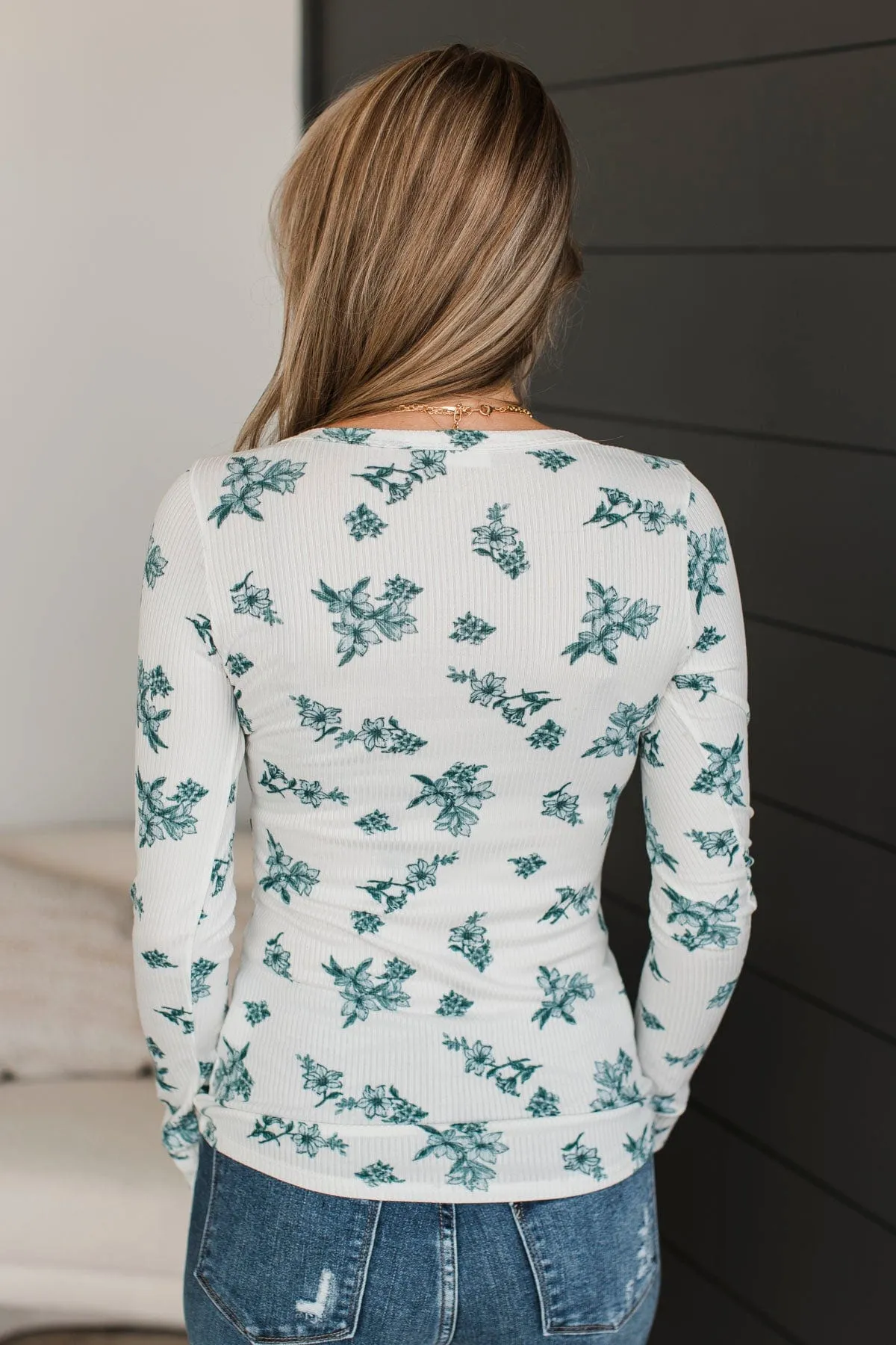 Call Me Lovely Floral Henley Top- Ivory & Hunter Green