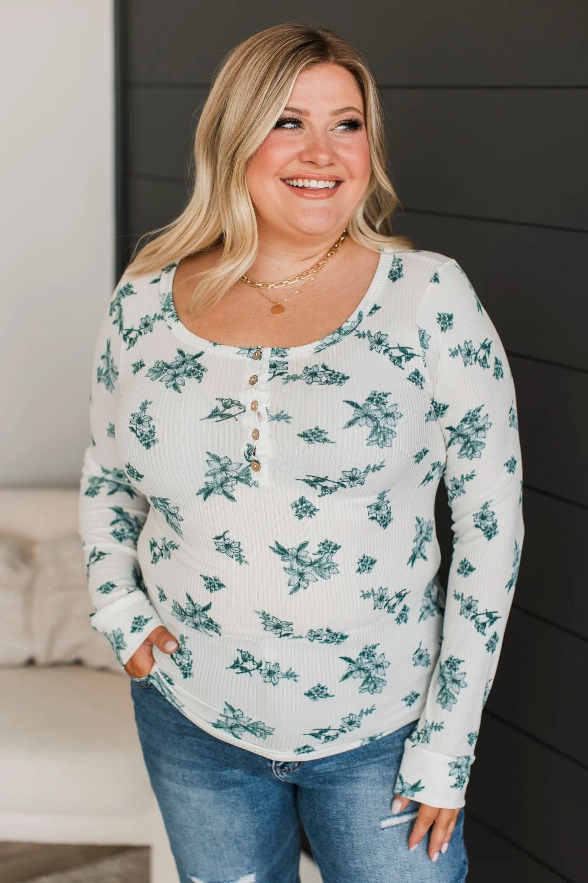 Call Me Lovely Floral Henley Top- Ivory & Hunter Green