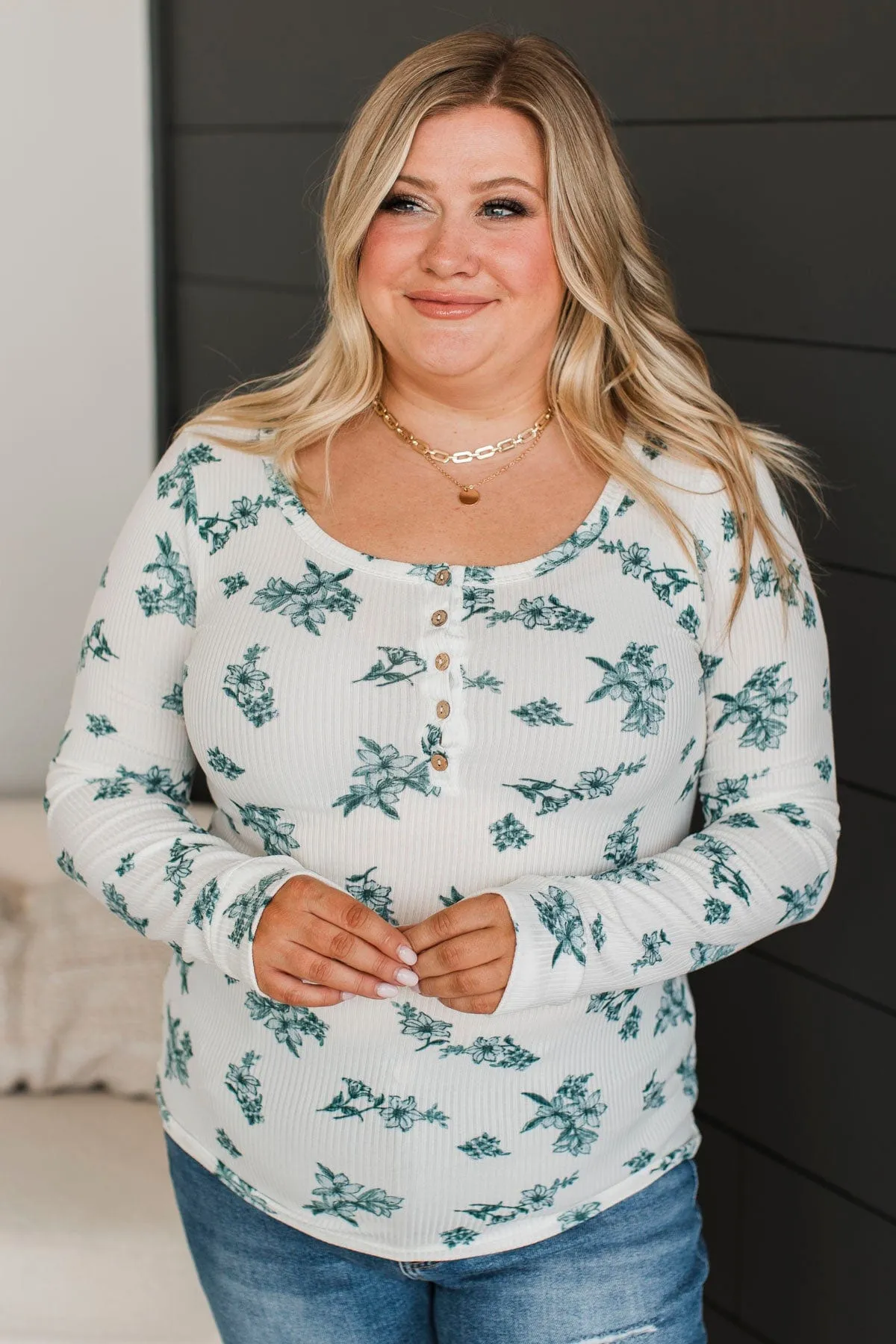 Call Me Lovely Floral Henley Top- Ivory & Hunter Green
