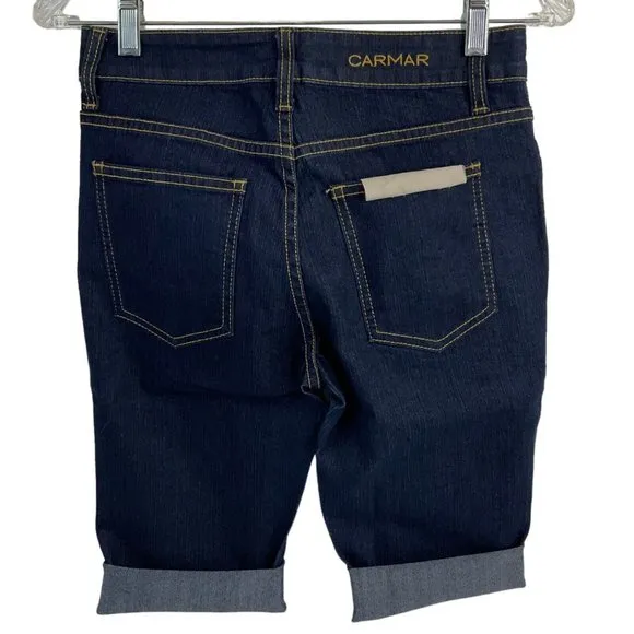 Carmar Shorts Womens Sz 25 Dark Denim Bermuda Stretch Mid Cut Raw Hem $219 Nwt