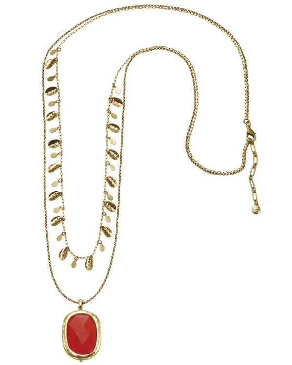 CORAL FACETED STONE PENDANT LAYERED  NECKLACES #305RD1501