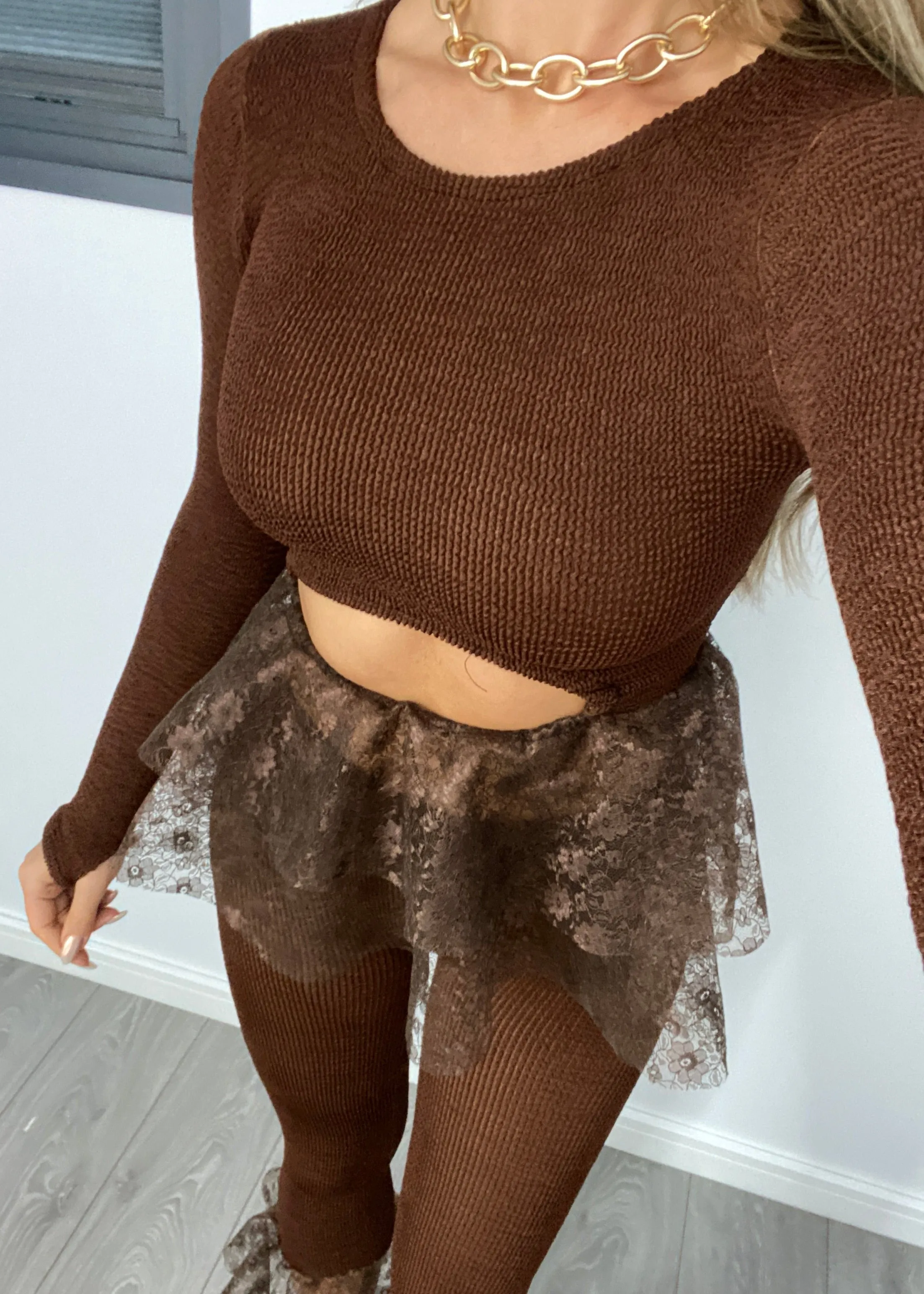 Crinkle Long Sleeve Cut Out Peplum Top in Chocolate Brown