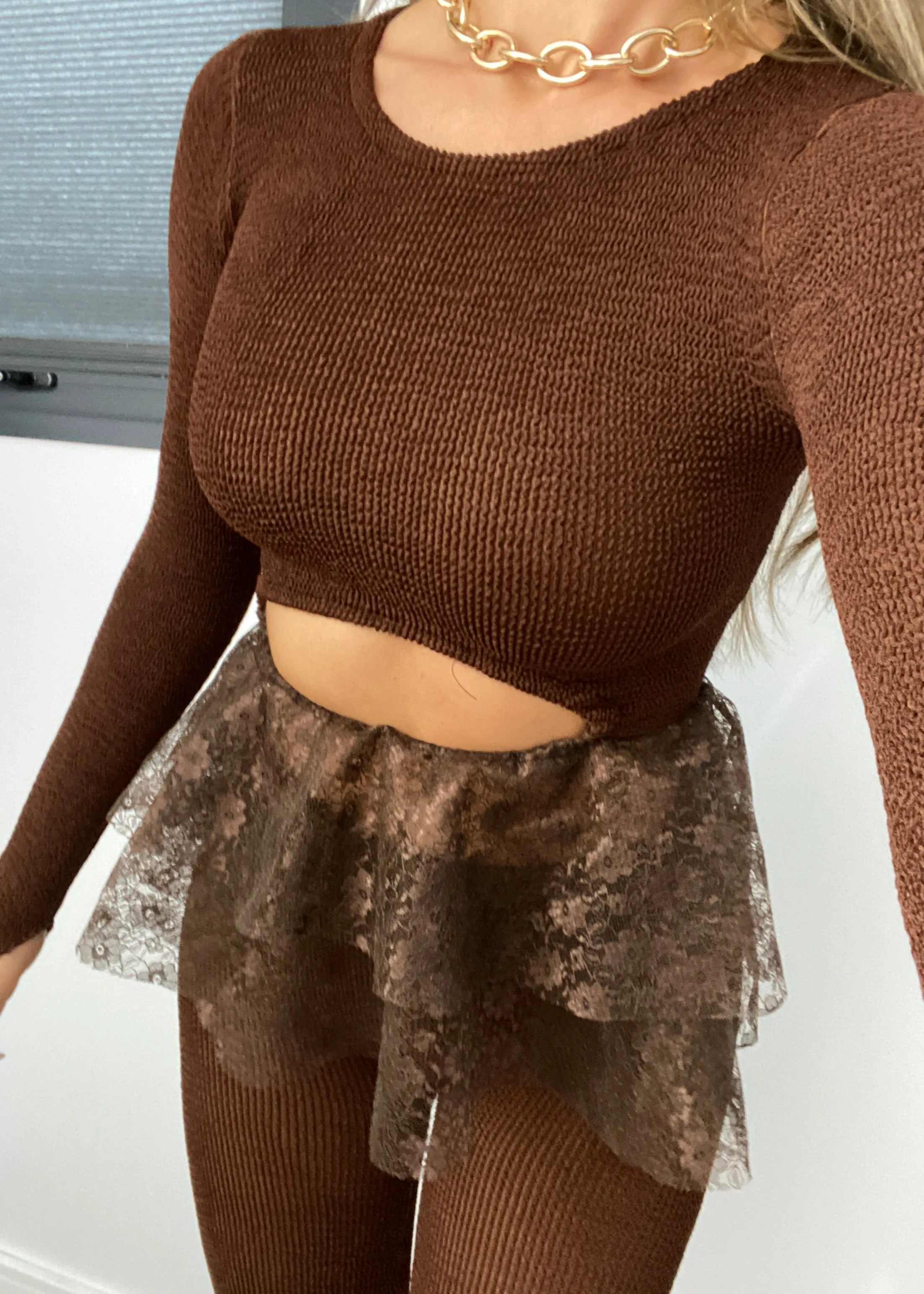 Crinkle Long Sleeve Cut Out Peplum Top in Chocolate Brown