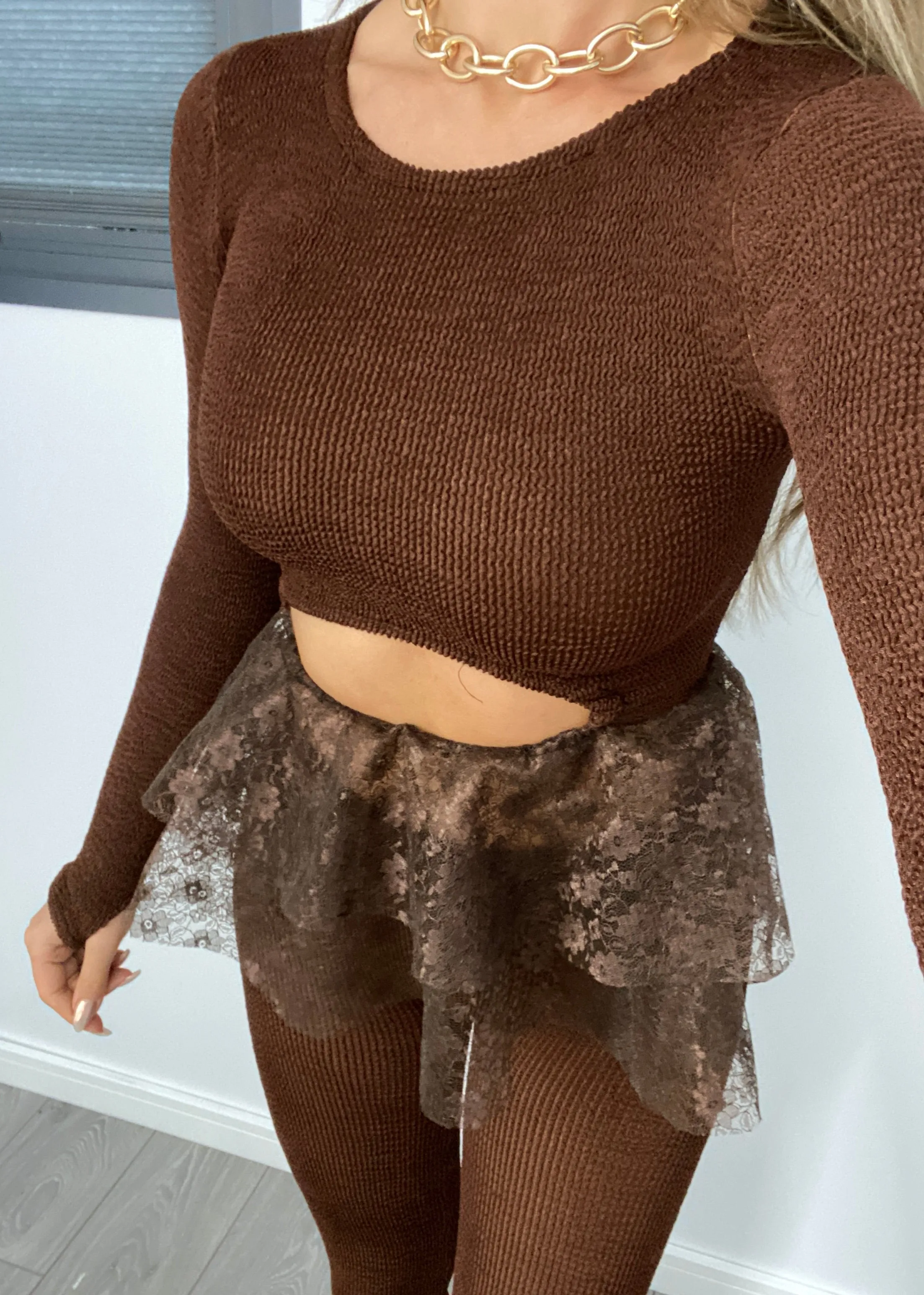 Crinkle Long Sleeve Cut Out Peplum Top in Chocolate Brown