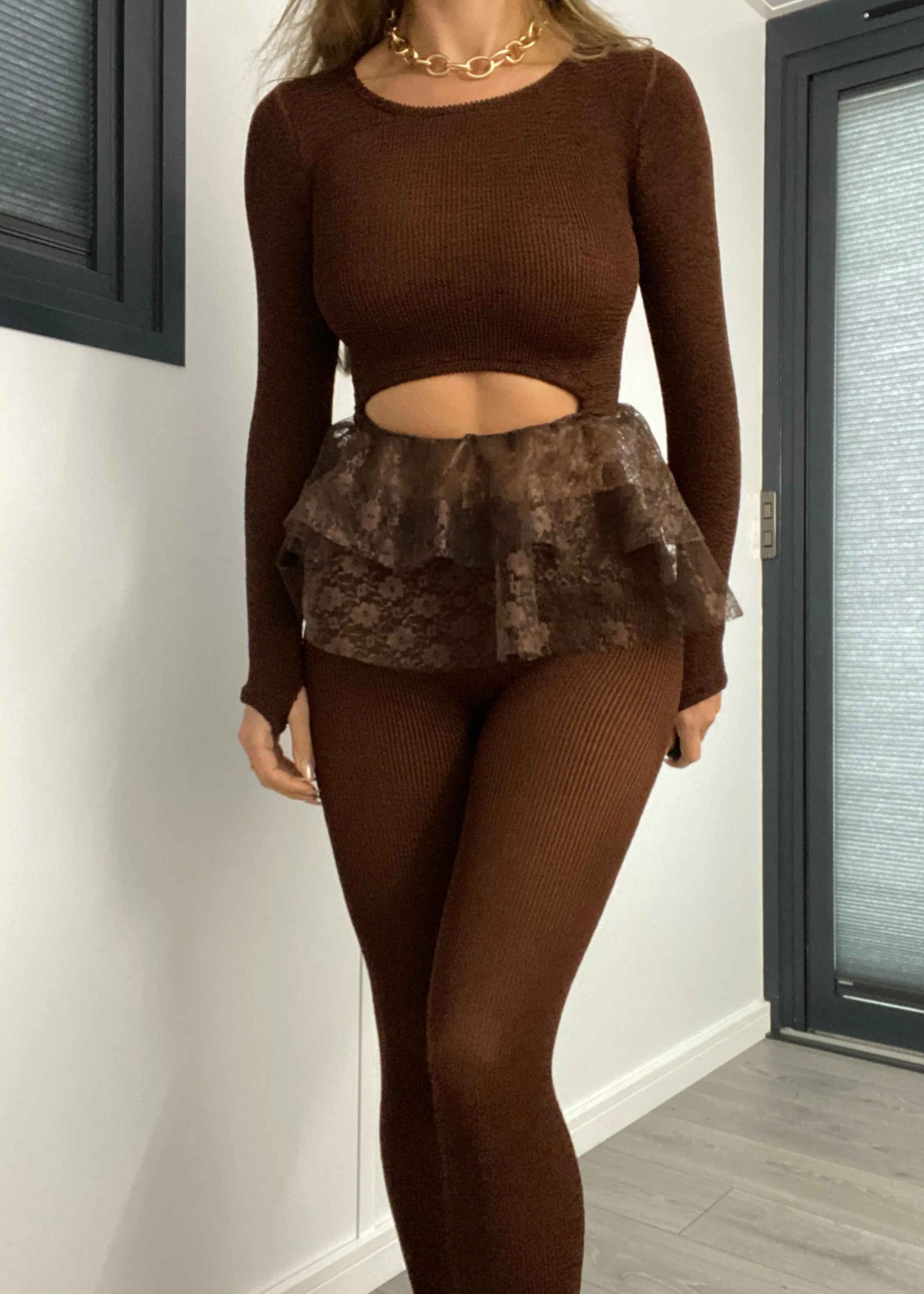 Crinkle Long Sleeve Cut Out Peplum Top in Chocolate Brown