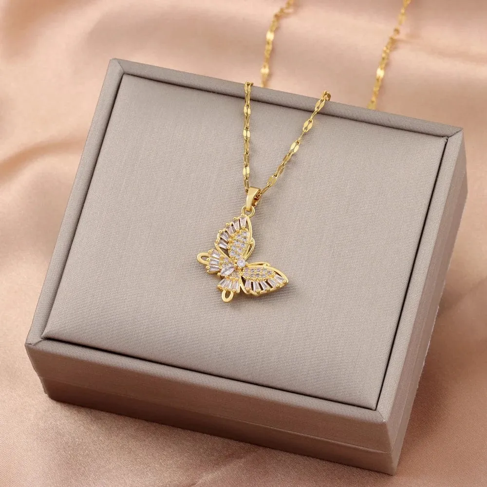 Crystal butterfly pendant necklaces