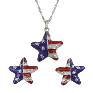 Crystal Patriotic Star Necklace and Earring Boxed Gift Set - PT326BS