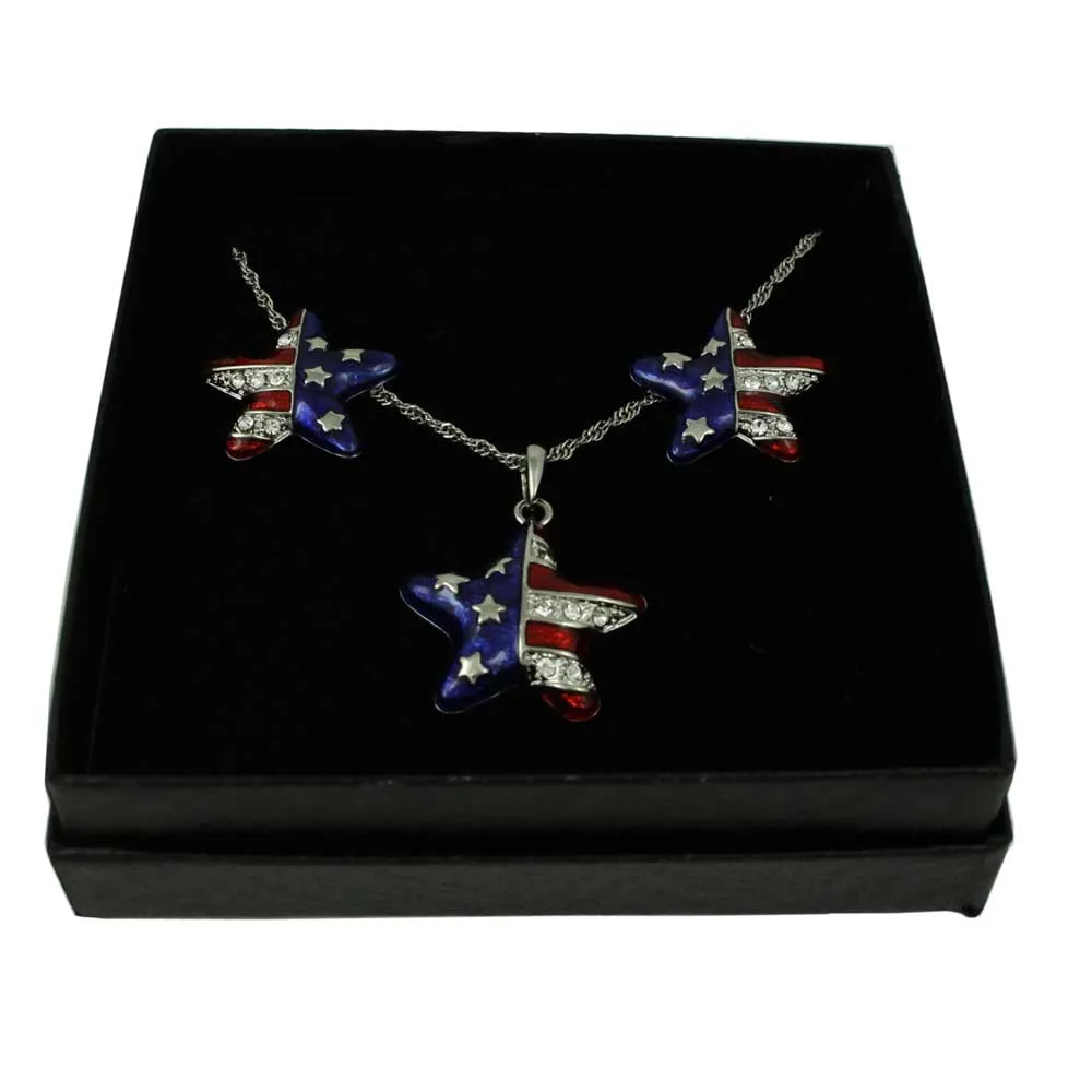 Crystal Patriotic Star Necklace and Earring Boxed Gift Set - PT326BS